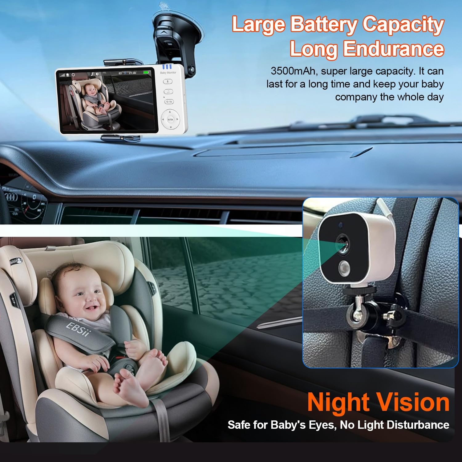 Babyphone avec écran de 5 Pouces et caméra, Audio bidirectionnel sans Fil, Vision Nocturne, Batterie Longue autonomie, Transmission sécurisée, Utilisation à la Maison et en Voiture