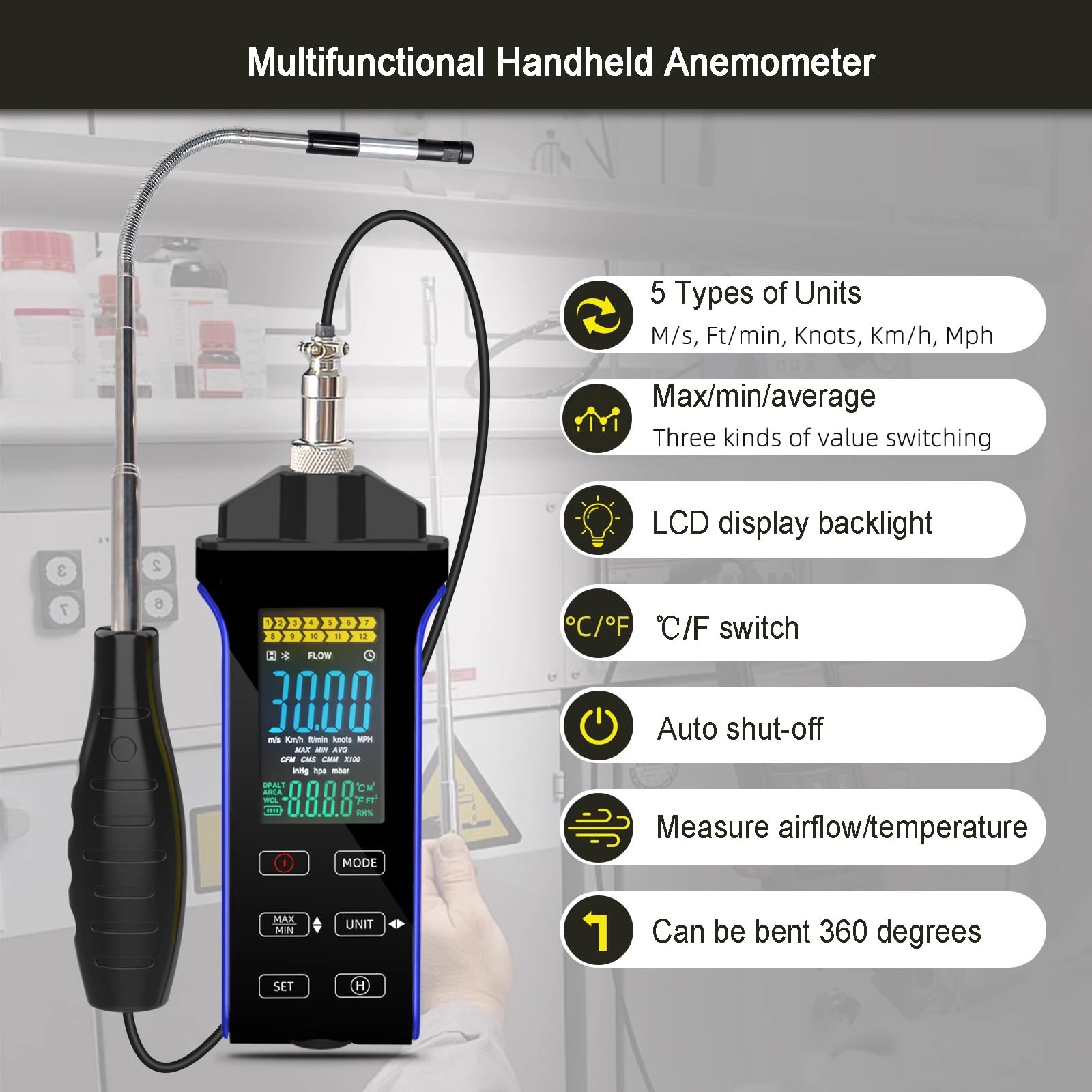Anemómetro De Hilo Caliente, Medidor Digital De Velocidad del Aire CFM/CMM, Velocidad del Viento (0,1-30 M/s) Y Temperatura, con Sonda Telescópica Y Pantalla LCD Retroiluminada
