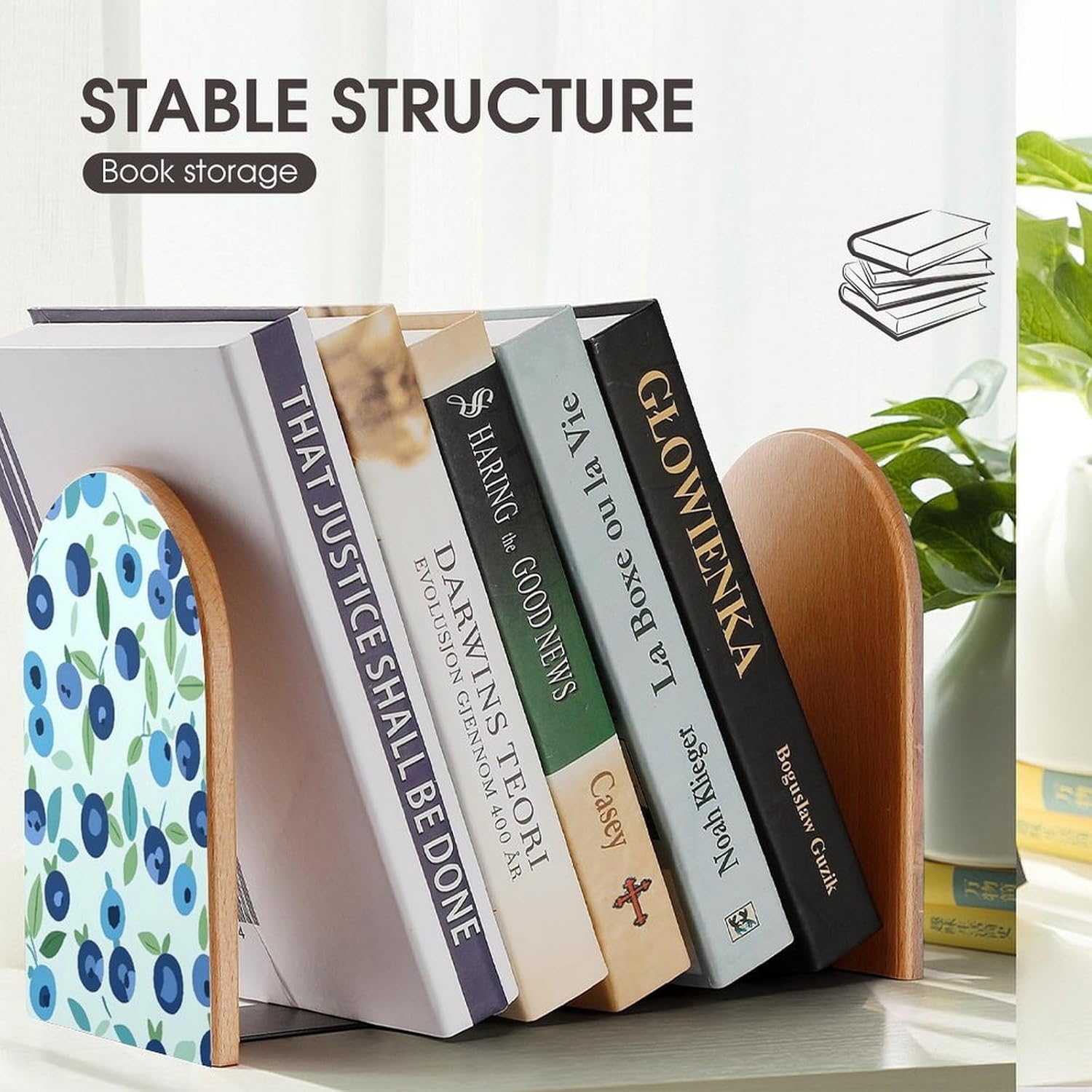 Blueberry Cute Wood Book Ends Decorative Bookends 1 Pair Non-Skid for Shelves Home Office 7 X 5 Inch
