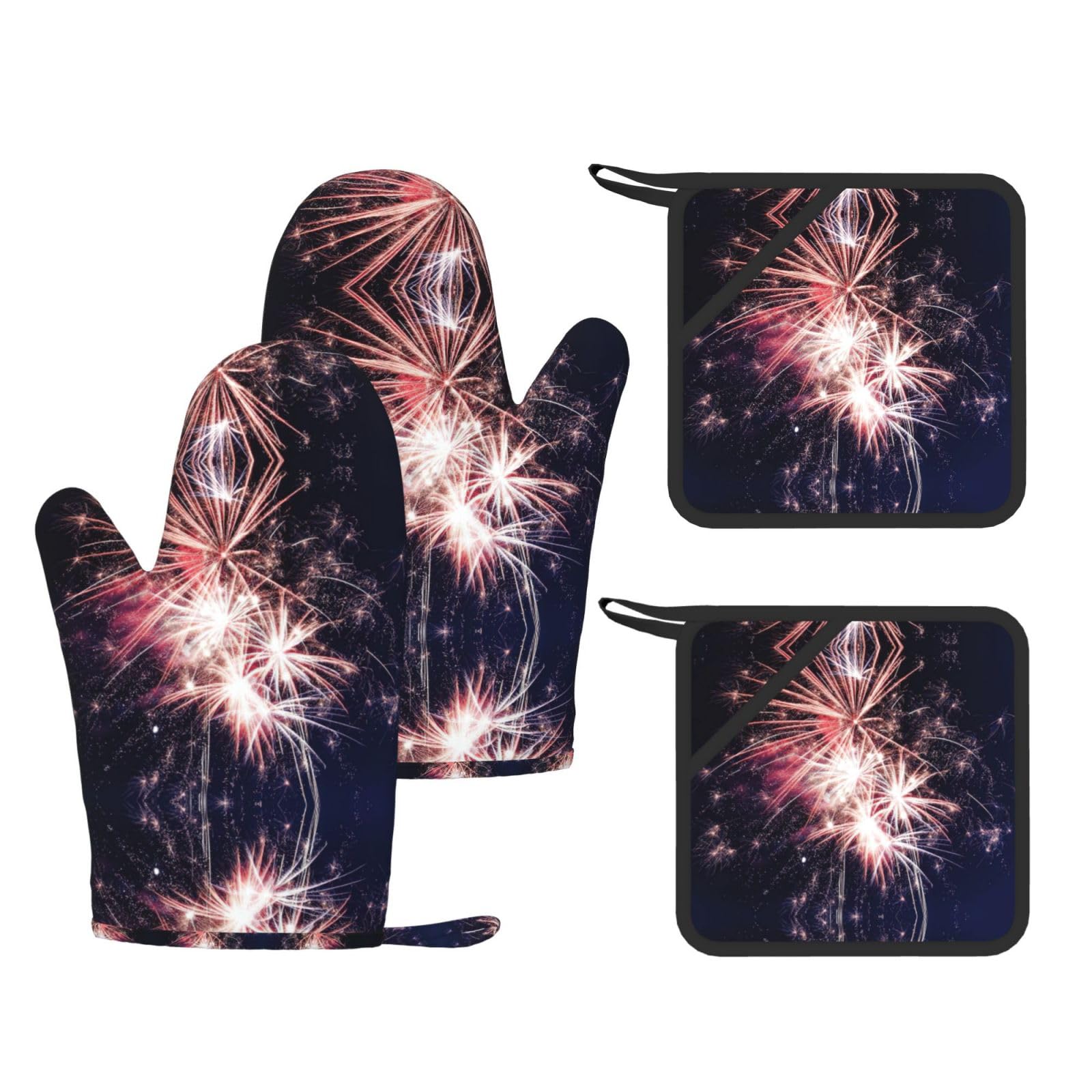 Explosion Firework 3D Printed Potholder and Oven Mitt Set of 4, High Heat Resistant Cooking Gloves for BBQ Grilling