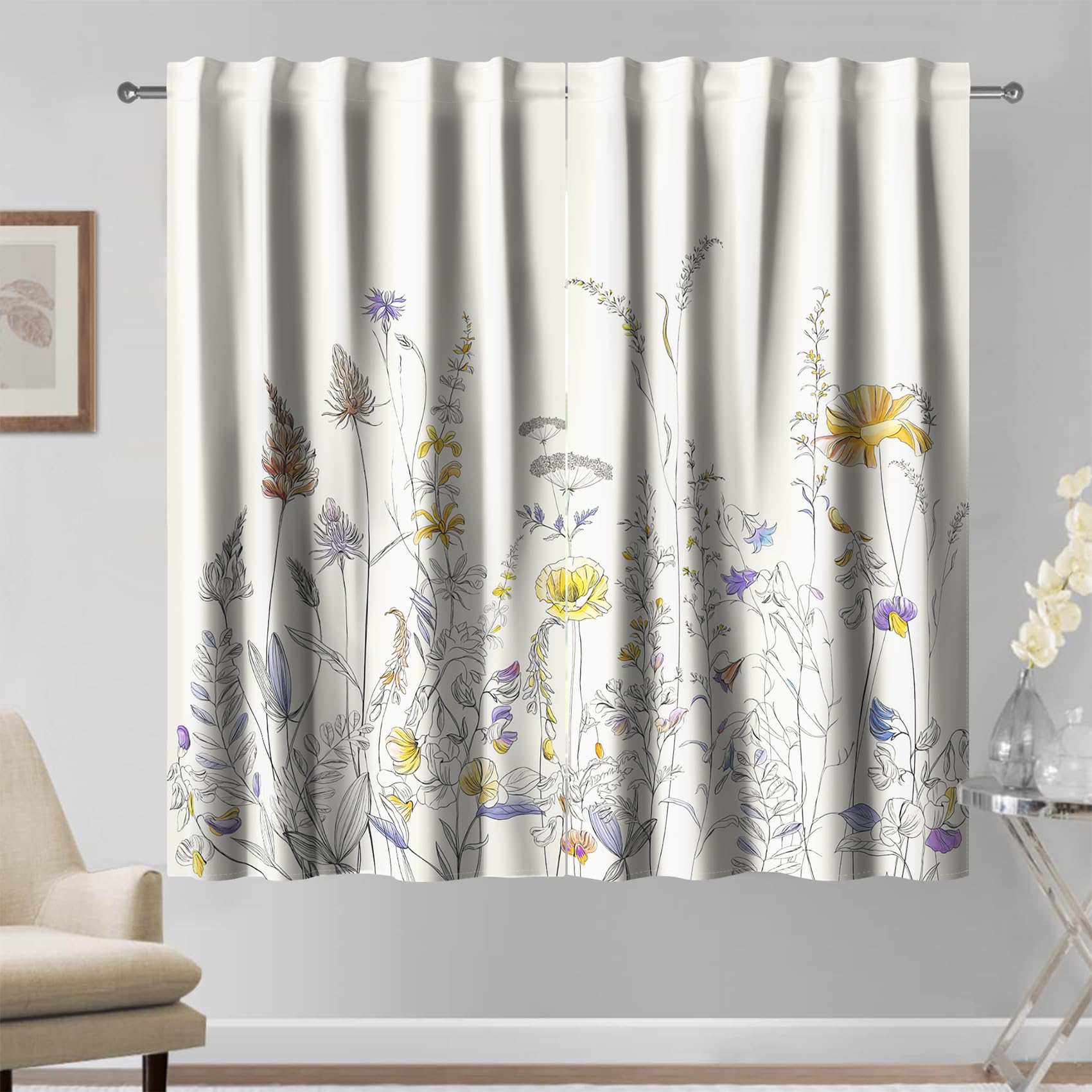Kzzfqxb 2 Panels 117x138cm Floral Curtains, Beige Botanical Herb Yellow Purple Wild Flowers Stems Coriander Weeds Rod Pocket Window Drapes, Elegant Decor for Living Room Bedroom Dining Room โ image 1