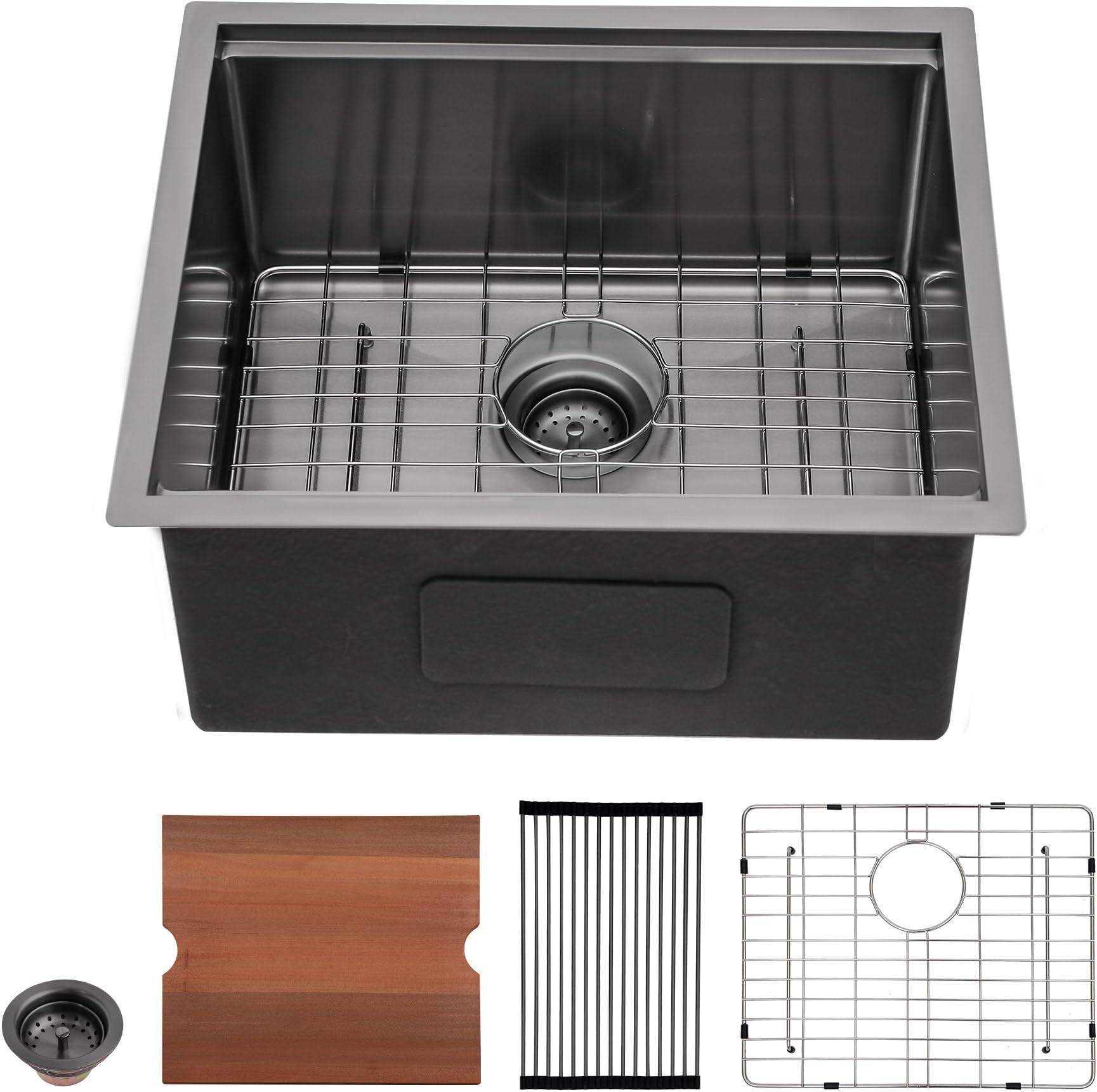 Sarlai 21" x 19" Black Bar Sink - Undermount, Stainless Steel, Single Bowl, Workstation, Gunmetal Black, 16 Gauge, Kitchen Sink Basin with Accessories