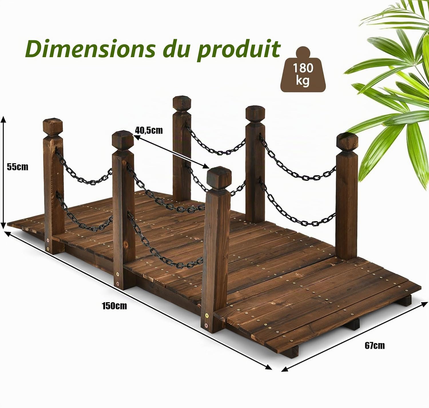 SOARS Pont de Jardin en Bois de Sapin Carbonisé avec Balustrade à Chaînes, Pont Décoratif Robuste Charge 180 kg, 150 x 67 x 55 cm, Marron