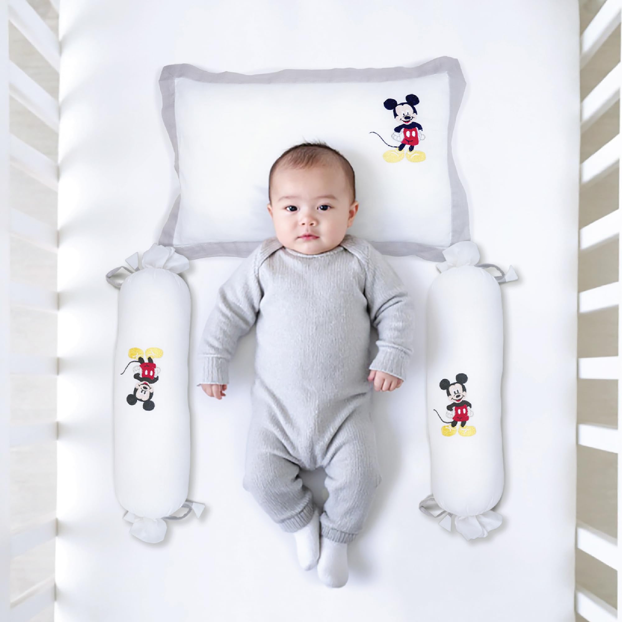 The White Cradle Cot Pillow + 2 Bolsters Set with Fillers - Organic Cotton Fabric, Protective Comfort, Softest Fiber Filling - Mickey Mouse