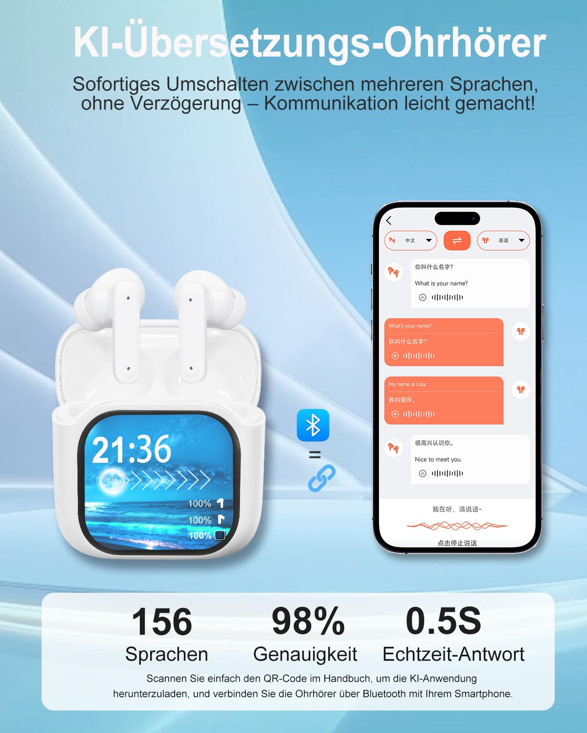 KI Übersetzungskopfhörer Echtzeit, 158 Sprachen für Reisen/Business(Weiß) | LED-Touchscreen, IPX7 Wasserdicht, Bluetooth 5.4, ANC + ENC-Geräuschdämpfung, 48 Stunden Spielzeit, Mehrere Übersetzungsmodi
