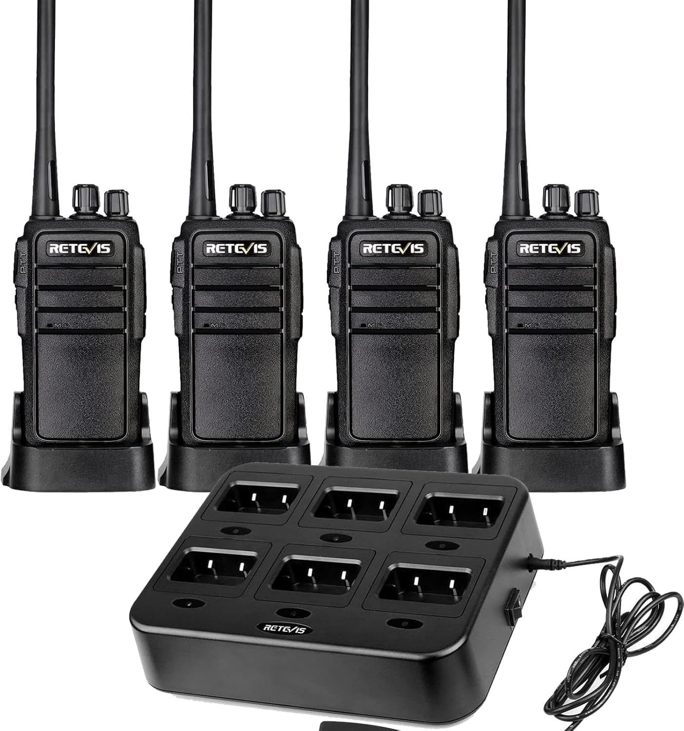 Retevis RT21 Walkie Talkies(4 Pack) Bundle with Six-Way Charger(1 Pack), 2 Way Radio Long Range for Adults, Two Way Radio Rechargeable, Handheld Radio, Portable, FRS, Durable, Heavy Duty, for Business