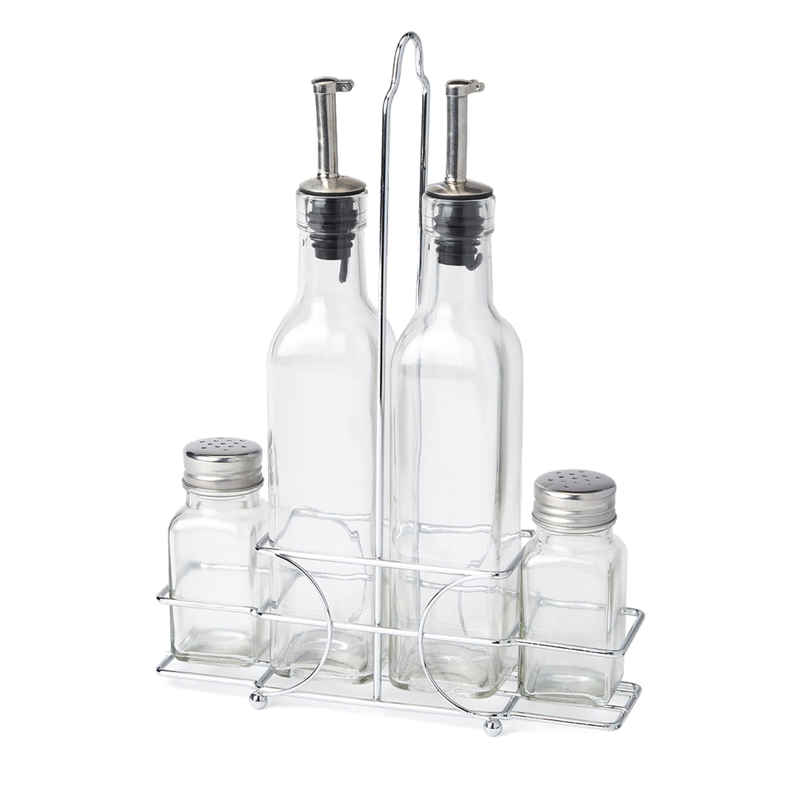 Cuisine Art Olive Oil Bottle and Vinegar Dispenser Combination Kit 5 Pieces, Glass Visible Seasoning Bottle, Salt Shaker Pepper Shaker, Q-SPOV-4S, Clear