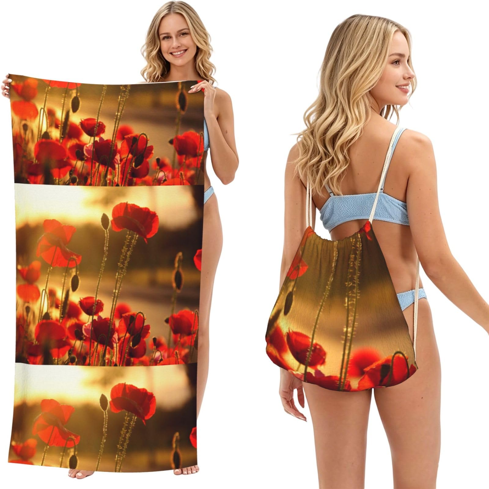 Poadnly As Picture Poppy Flower, 2 In 1 Packable Towel Bag, Beach Towels With Drawstring Backpack For Travel Holiday Camping