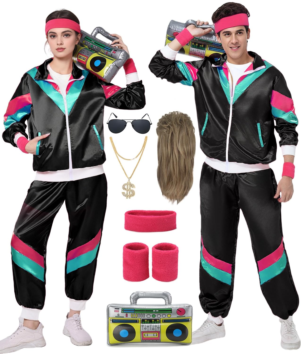 Fover Disfraz de los años 80 para hombre y mujer, traje de entrenamiento, estilo pop, retro, accesorios para disfraz, con radio inflable, gafas de sol, collar y banda para el sudor para fiestas