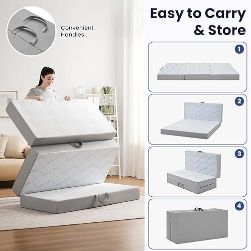 Miniatura 8 de Colchón plegable de 6 pulgadas, colchón plegable de espuma viscoelástica blanca portátil con funda lavable para camping, viajes, habitación de