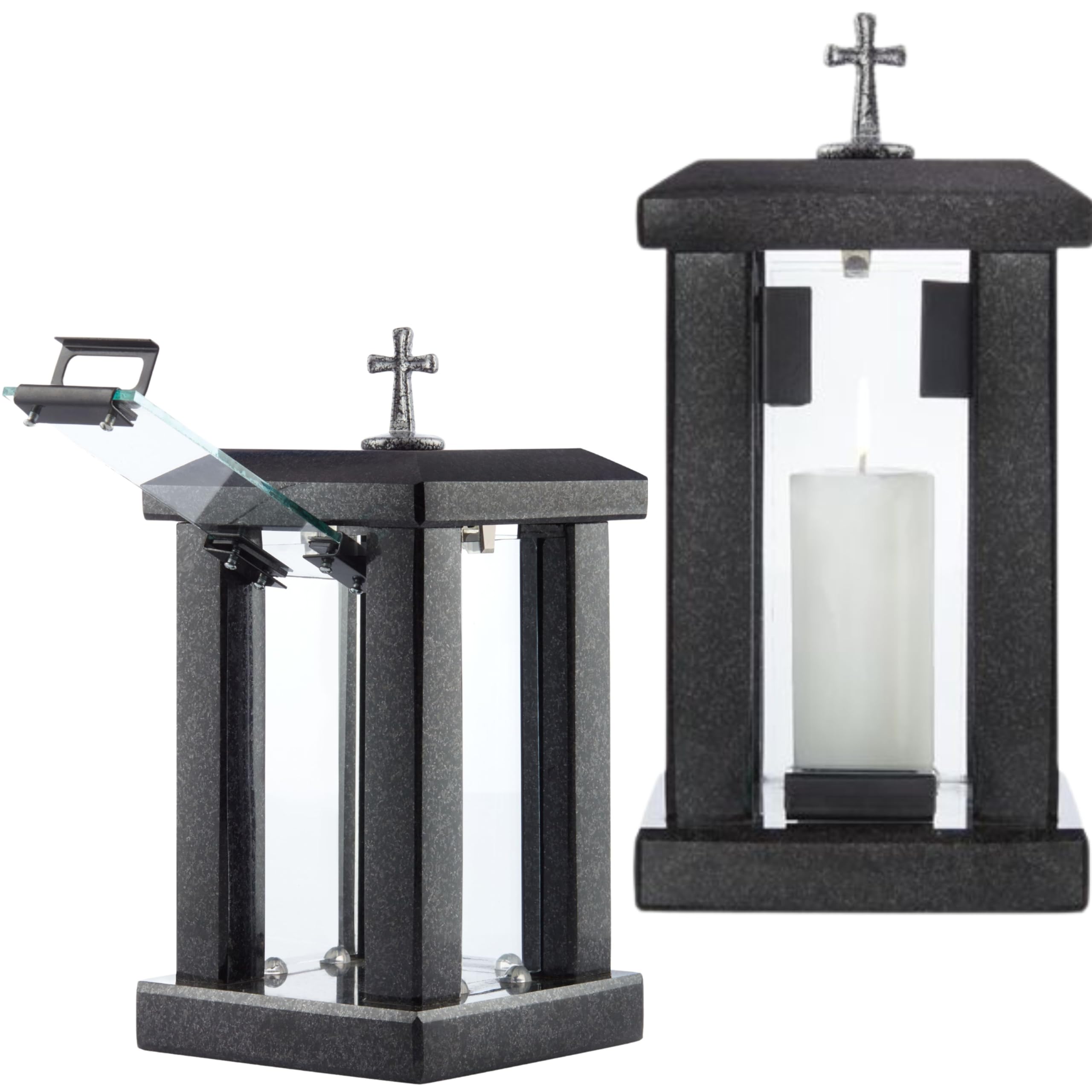 Novecrafto Square Granite Memorial Lantern Large Black Graveside Outdoor Candle Lantern With Cross For Garden Or Cemetery Grave Ornaments from B&Q