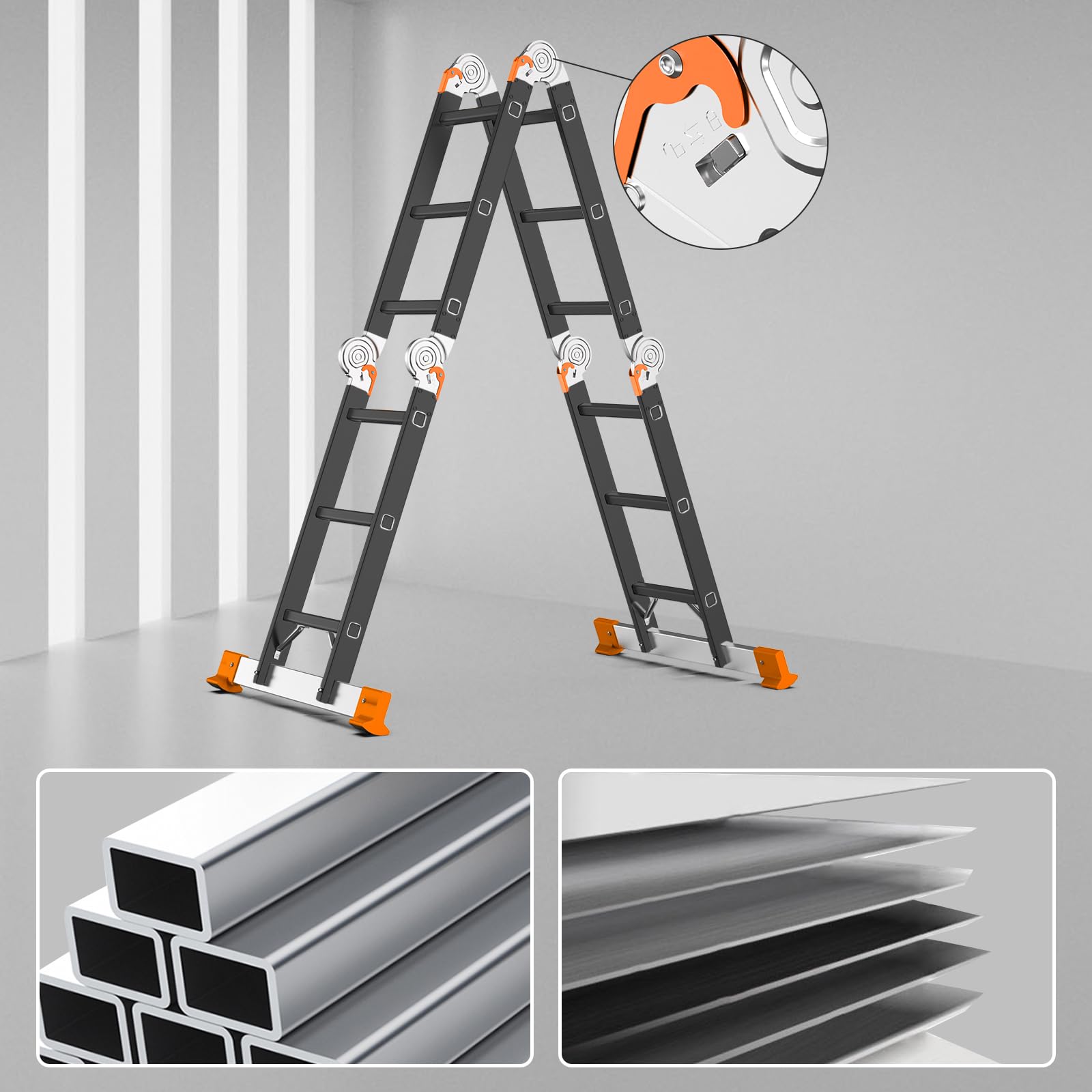 AMHANCIBLE Escalera Multiusos, Escalera Aluminio, 4 x 3 Peldaños, Plegable, para Pintar, Techos, Jardín, hasta 150 kg, 3,4m, Diseño 6 en, Certificado TÜV/GS, Naranja EBAL01RN