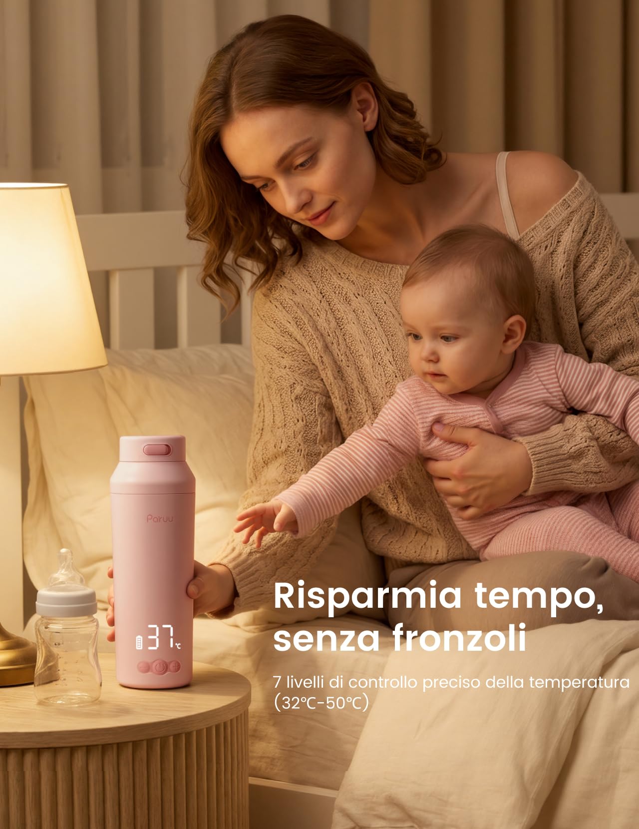 Paruu Scaldabiberon Portatile, Apertura Ampia Facile da Pulire, Riscaldamento Rapido in 2 Minuti, 7 Livelli di Regolazione della Temperatura, Ricarica Rapida 30W, Capacità 350ml, Rosa