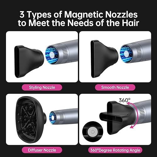 Miniatura 7 de Secador de pelo profesional con potente motor sin escobillas, ligero y plegable doble iónico, alta velocidad para secado rápido con boquilla