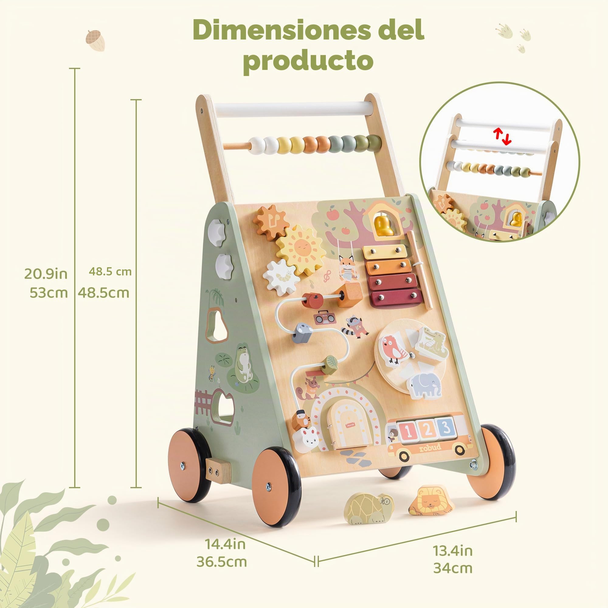ROBUD Andador de madera para bebés para niños pequeños, juguete multifuncional 8 en 1 con centro de actividades, gran espacio de almacenamiento, control de altura y velocidad, andador educativo de