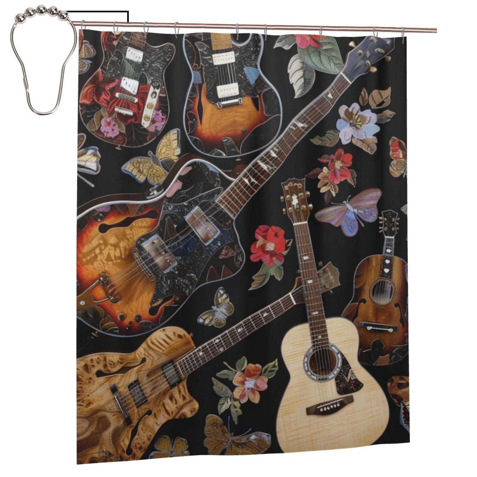 BWWHCCTI Guitars Printed Shower Curtain With 12 Iron Hooks Opaque Quick Drying Waterproof Shower Curtains Sets For Bathroom 152x183 Cm