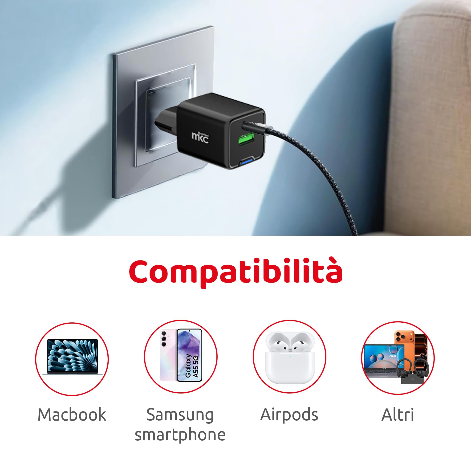 Caricatore Gan 45W MKC USB-C Power Delivery, Alimentatore rapido compatto per iPhone Samsung Tablet