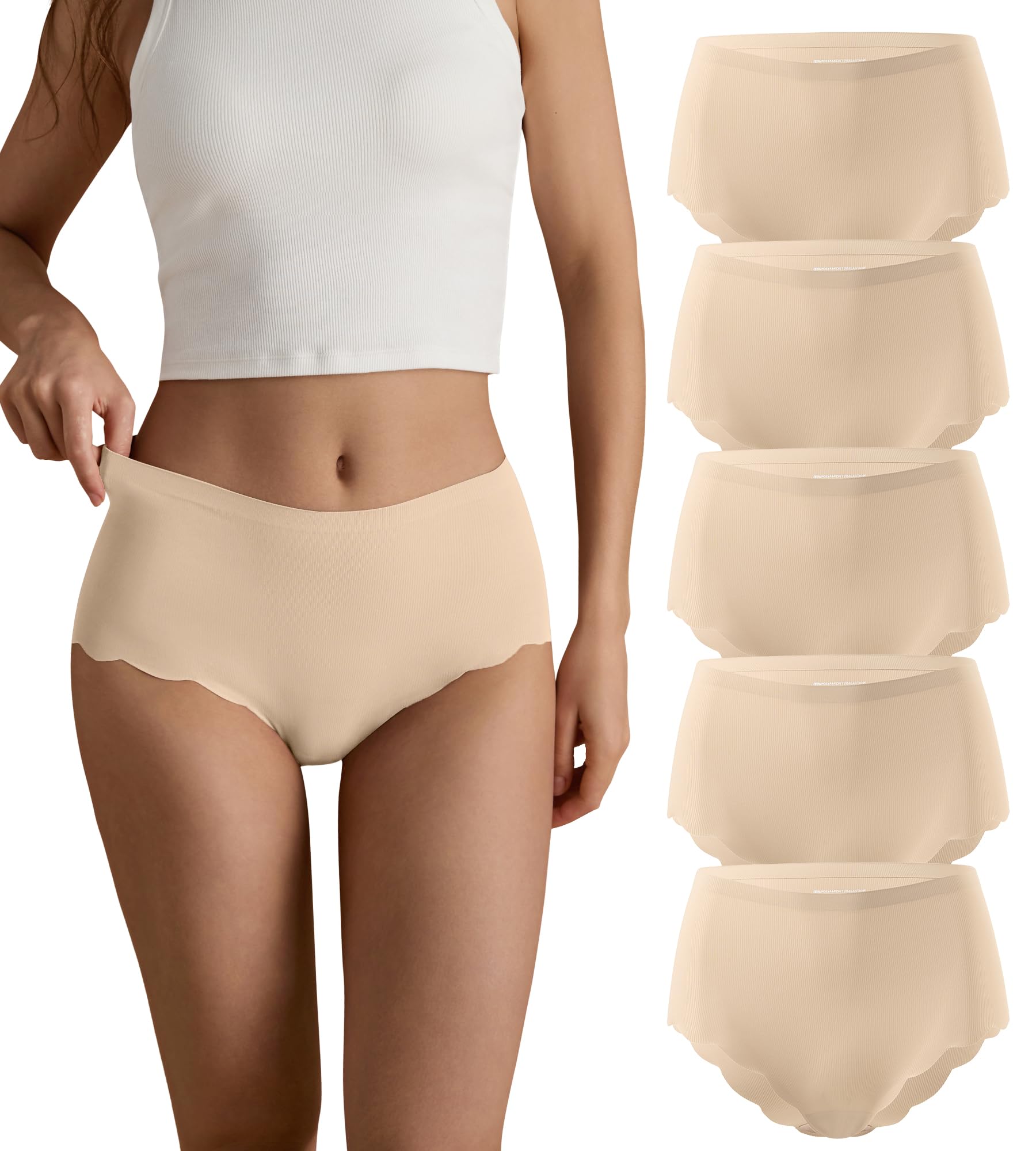 SHARICCA Seamless High Waisted Underwear for Women Cheeky Underwear Wave Edge No Show Bikini Panties Ribbed Panties Pack