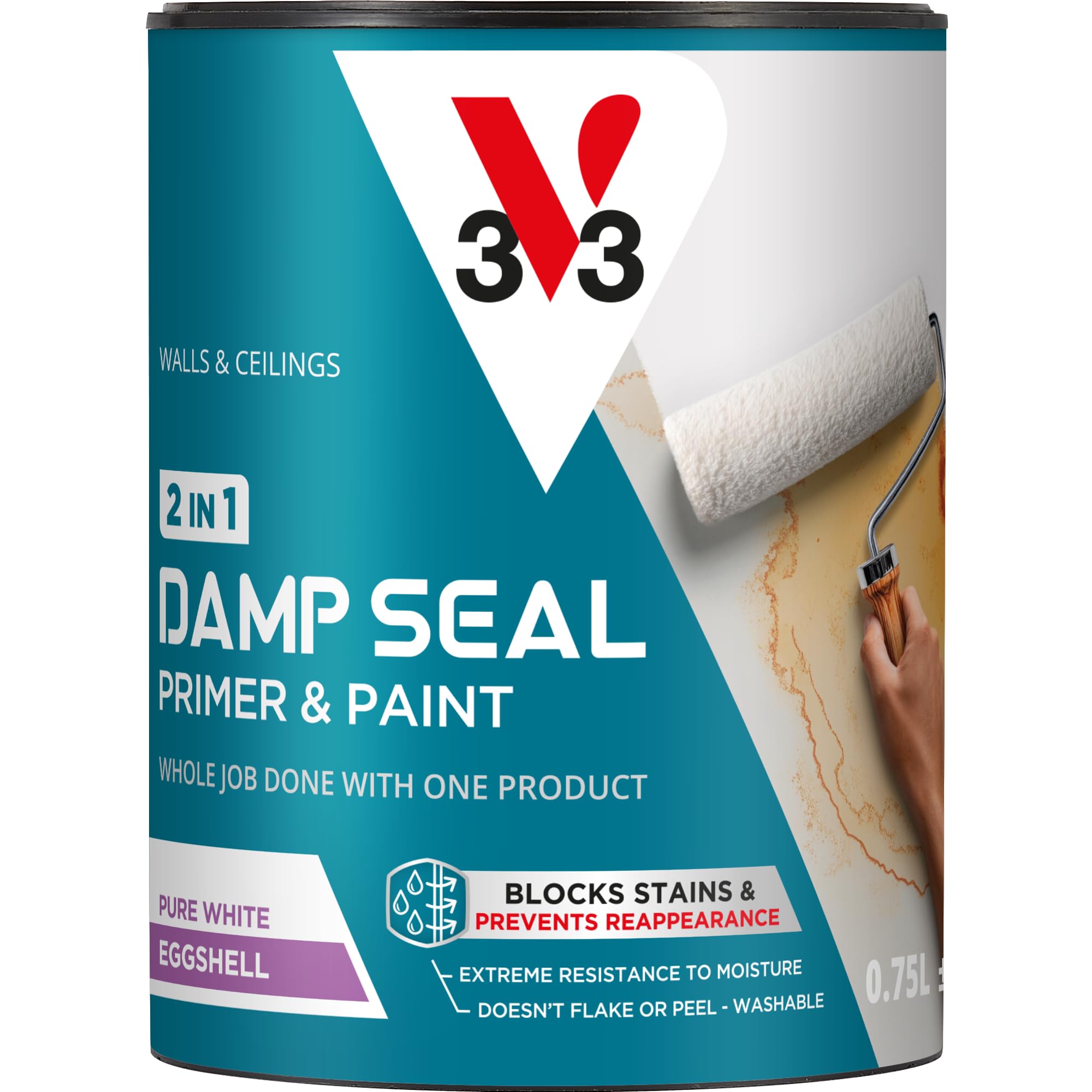 V33 Pintura Damp Seal 2 en 1 para paredes y techos, cáscara de huevo blanca