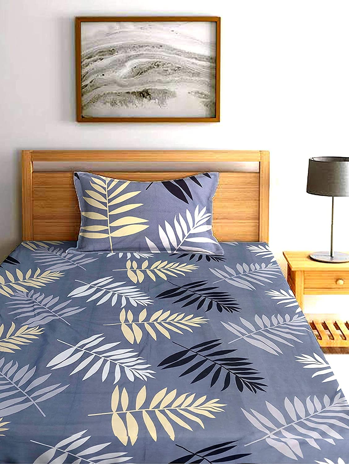 THE HOME STYLE Cotton Feel Glace Cotton Elastic Fitted All Around Printed Full Length Single Bed Bedsheet with 1 Pillow Cover (36"x78", Midnight Leaf)