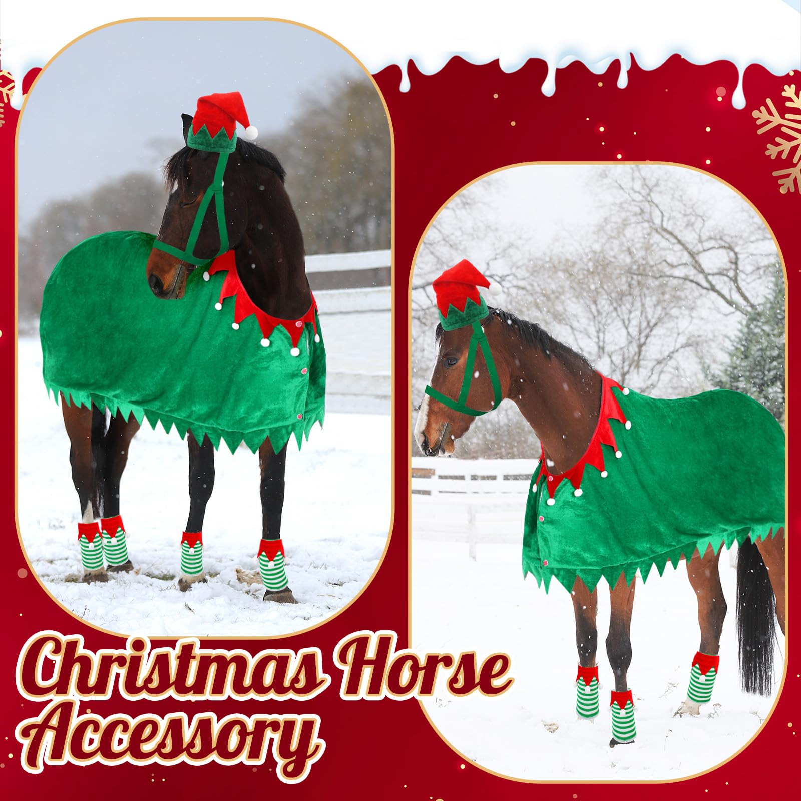 Paterr 7 Pcs Christmas Horse Accessory Set Xmas Santa Elf Horse Cape Halters Leg Wraps Hat Tack Costume Set - Image 4