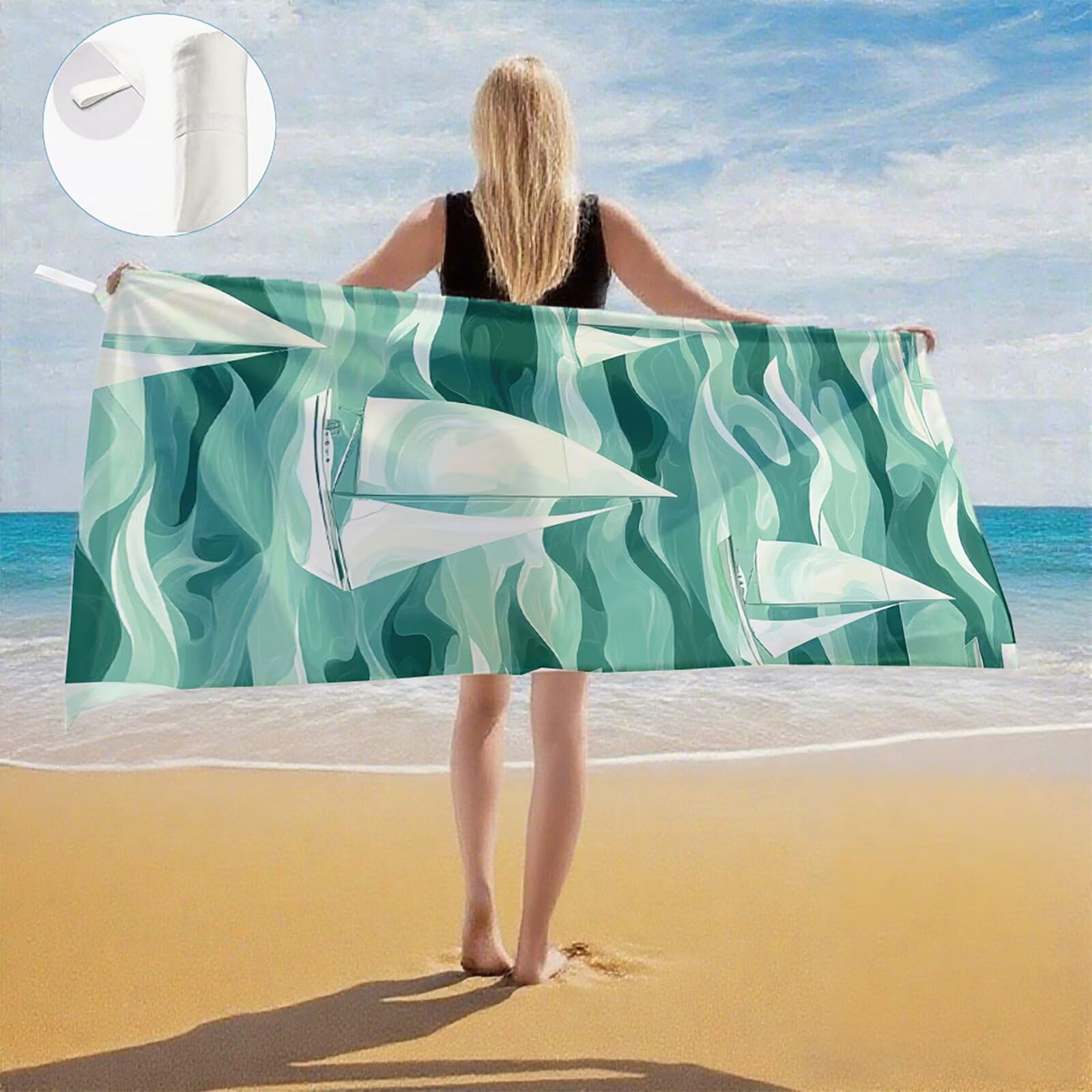 Strandtuch Grün Mikrofaser Strandtuch XXL 220x100 2 Set, Strandhandtuch mit Sandfrei, Schnelltrocknend, Absorbierend, handtücher groß für Badezimmer, Strand, Schwimmen, Geschenke für Männer Q-248