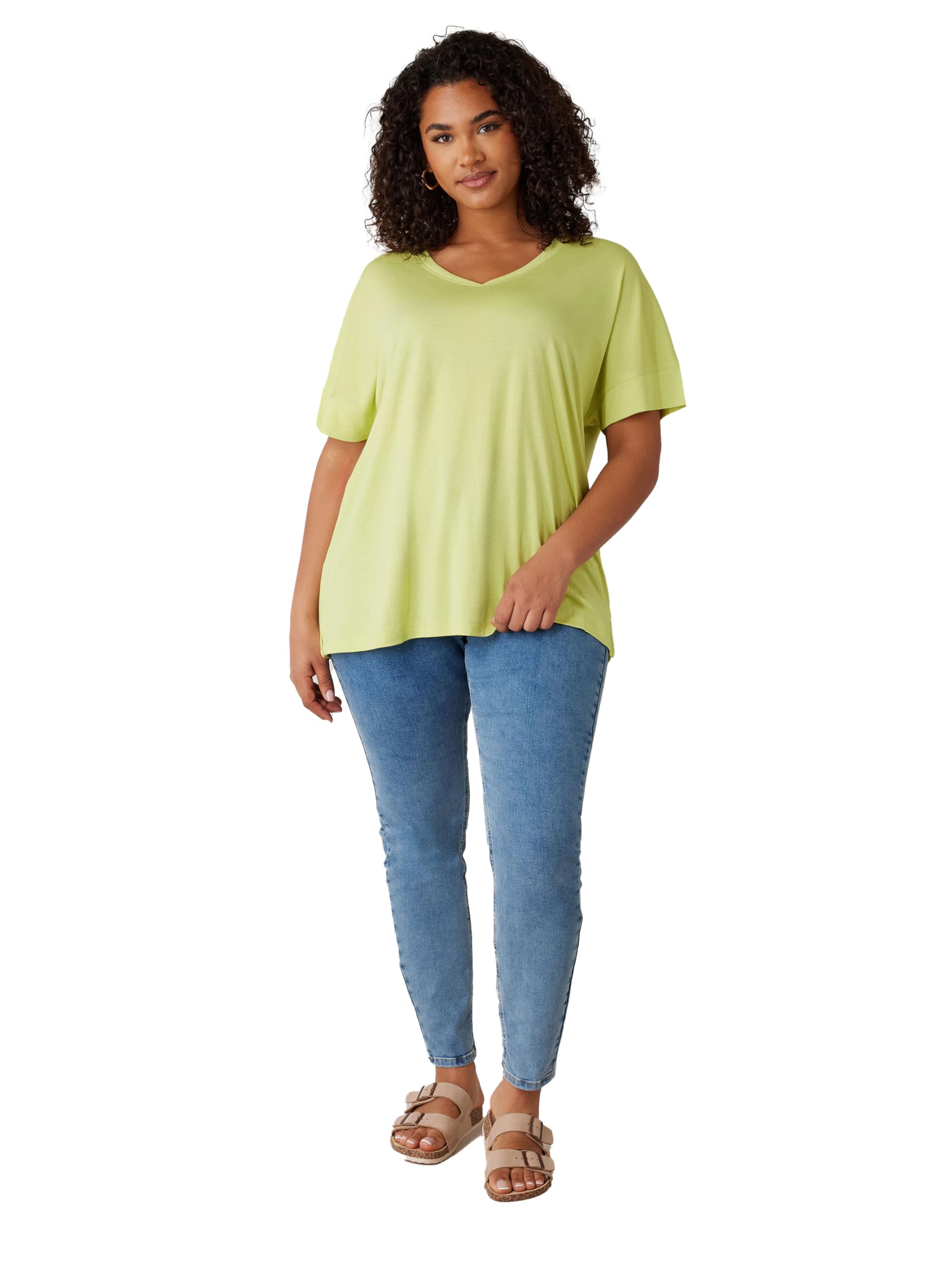 Evans Women's Lime Curve Chartreuse Green V-Neck Modal Rich T-Shirt - Plus Size Curve