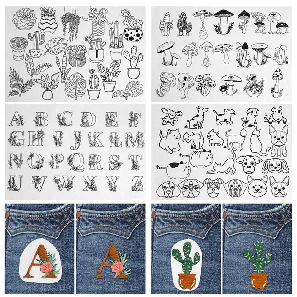 TONGIHS 4 Sheets Adhesive Dissolvable Embroidery Paper, Embroidery Transfers, Alphabet Water Soluble Hand Sewing Stabilizers, DIY Sewing Embroideries, for Embroideries, Hats, Shirts, Bags and Towels