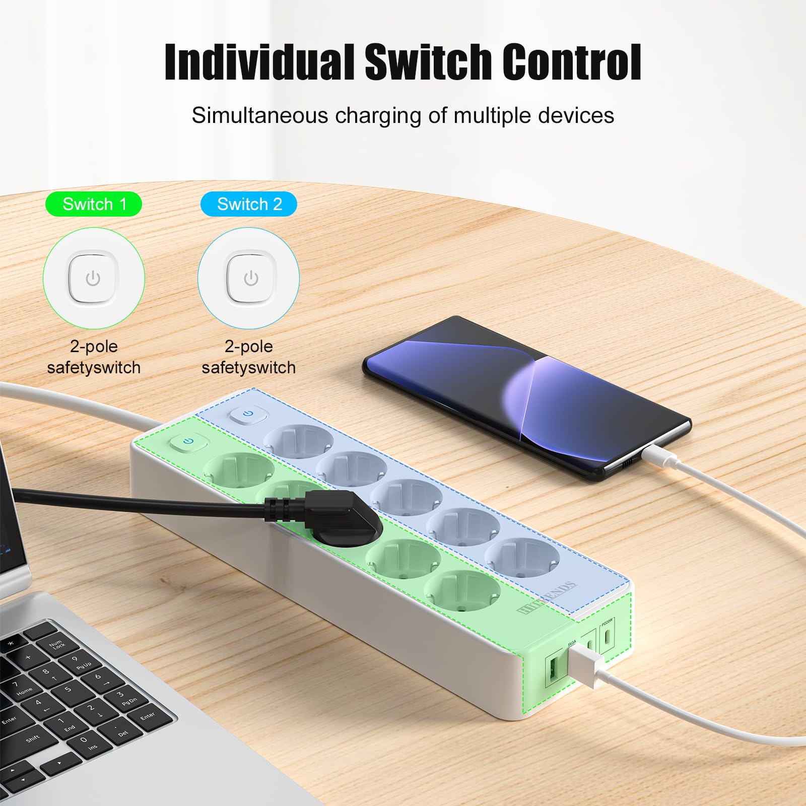 Ciabatta elettrica 10 prese, con 2 USB-A+ 2 USB-C (PD20W), presa con 2 interruttori, presa di distribuzione 230 V, spina multipla 2 m, per casa, scuola, ufficio (bianco)
