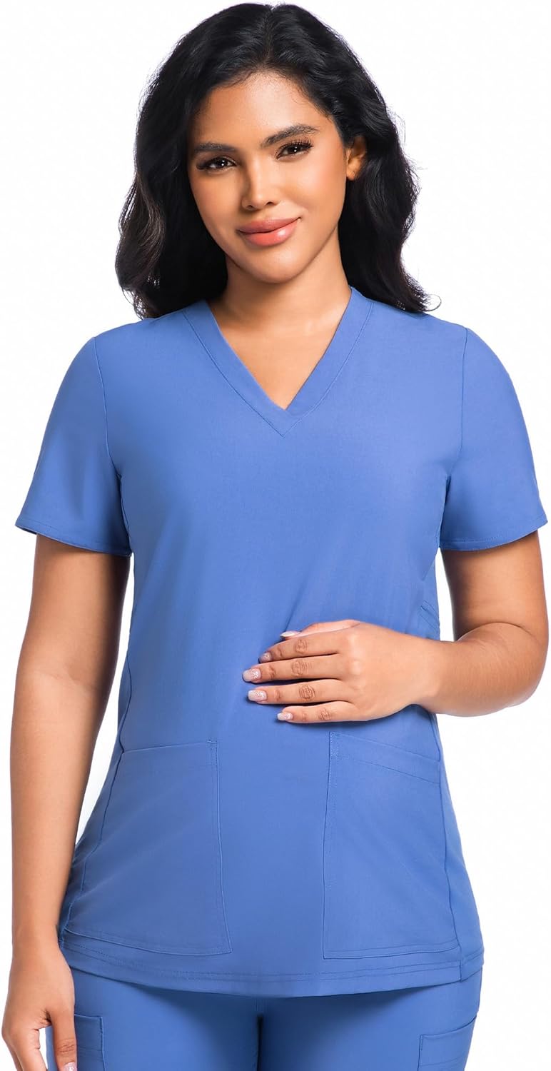 Maternity Scrub Top - V-Neck Shirt, Workwear Pregnancy Scrubs with 2 Pockets, Adjustable Side Panels - Image 7