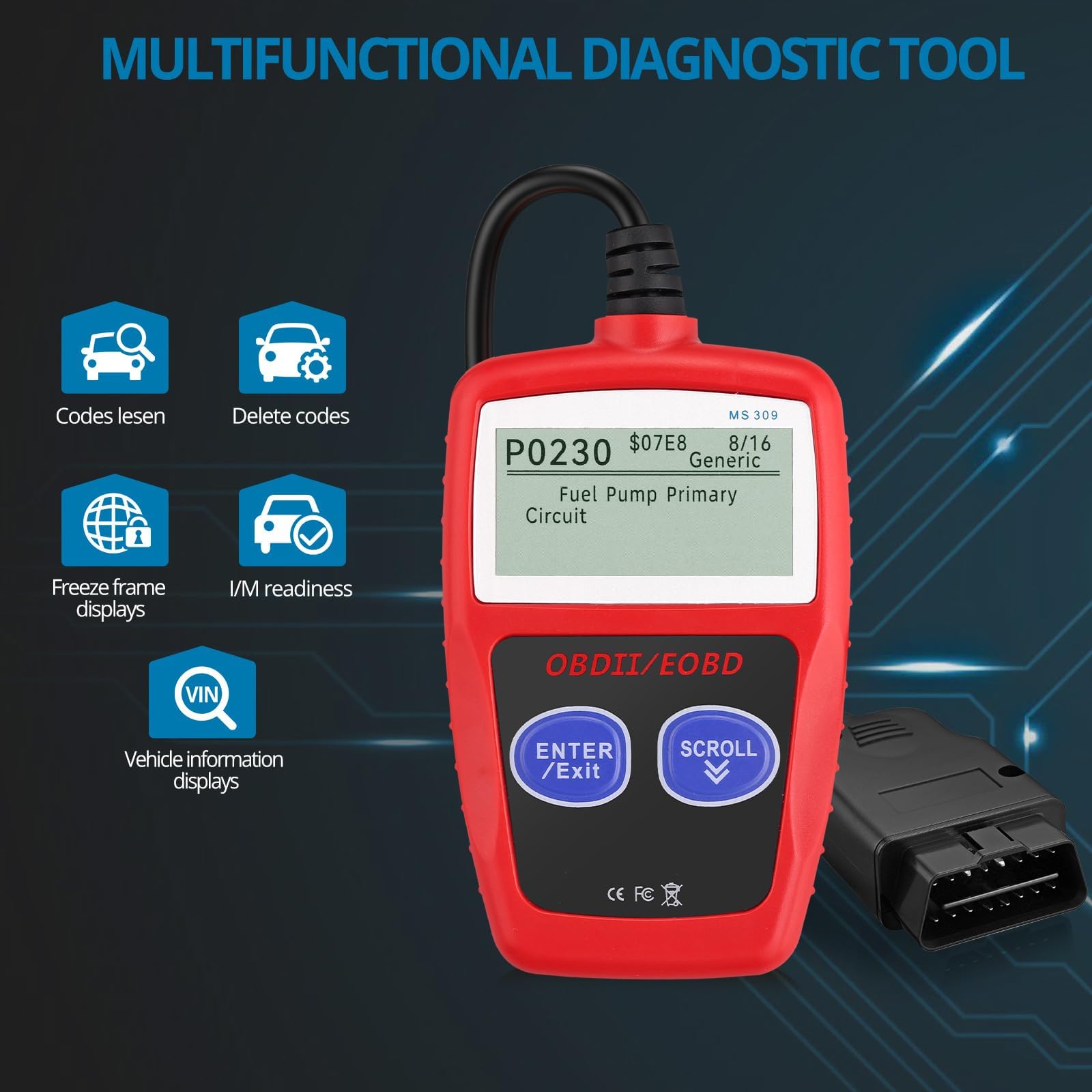 AUTOUTLET OBD2 urządzenie diagnostyczne, OBD2/EOBD, skaner kodów błędów z definicją, gotowość I/M i 10 języków, czytnik kodów błędów
