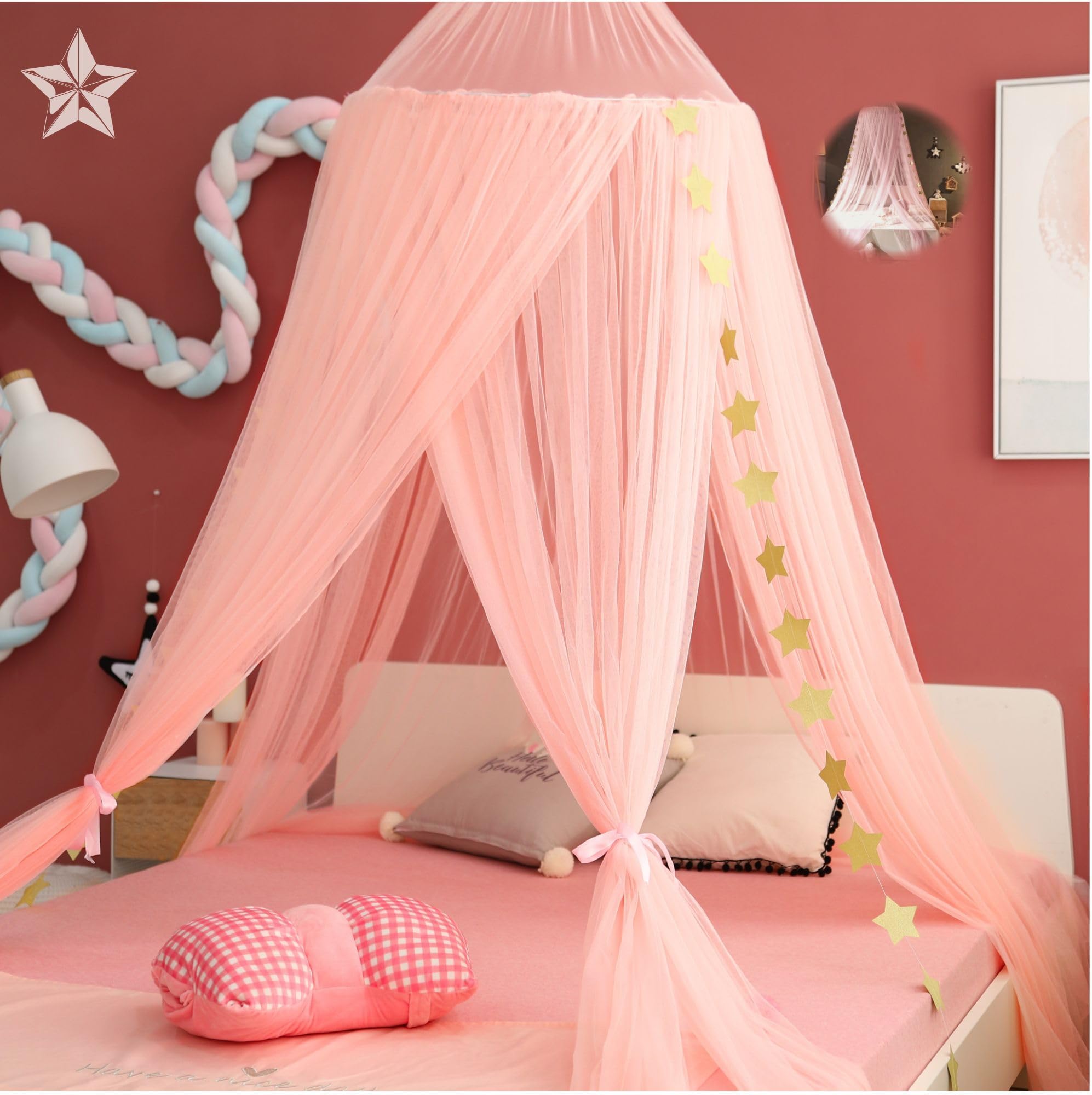 Azonee Bed Canopy Mosquito Net for Girls, Princess Bed Hanging Dome Netting Canopy, Dreamy Fine Net Bedroom Decor for Women Kids Teenager, for Single Bed to Queen Bed, Outdoor Indoor Use
