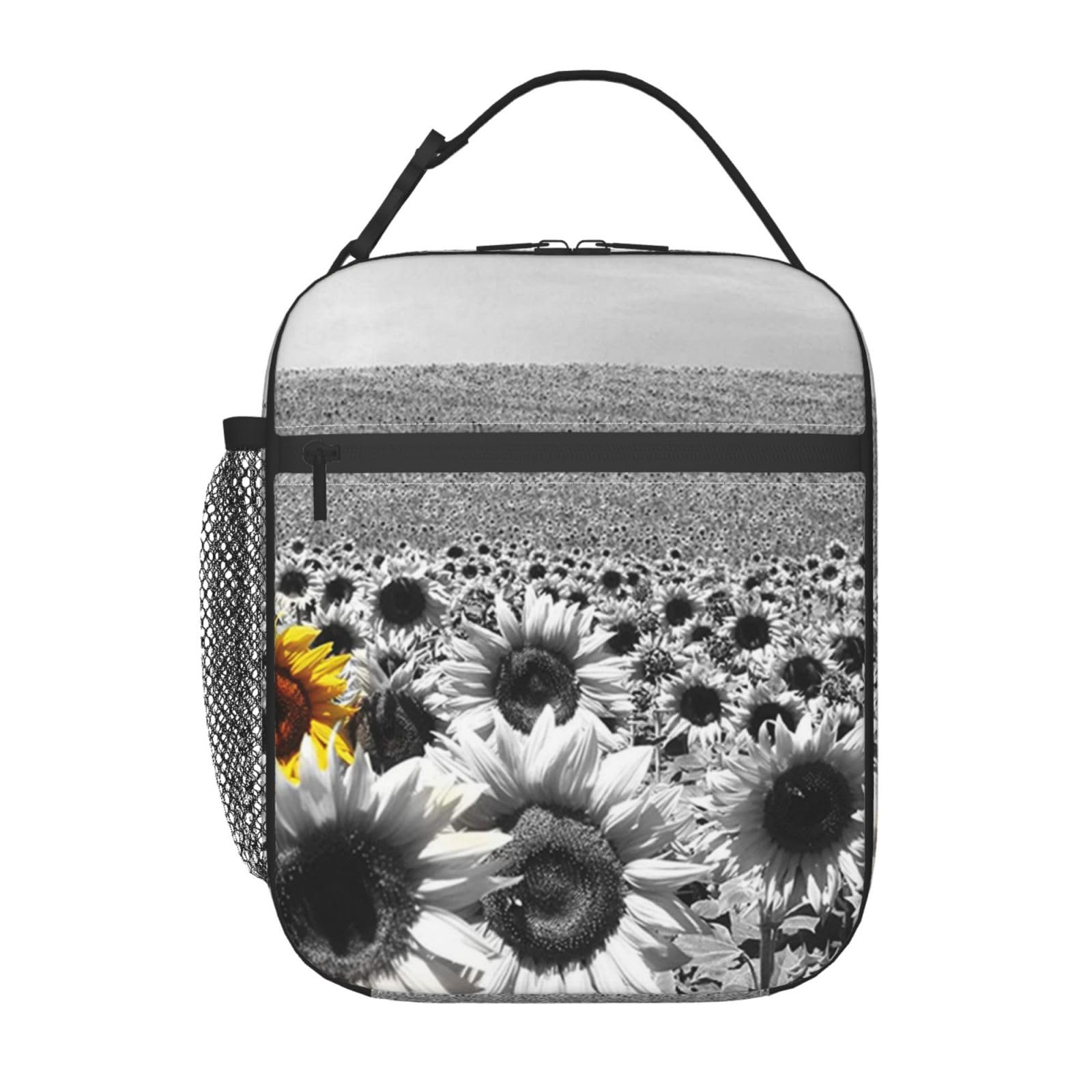 FLYIFE Black and White Sunflowers Printed Insulated Lunch Bag for Men Women - Durable Lunch Cooler Tote Bag for Work, School, and Travel