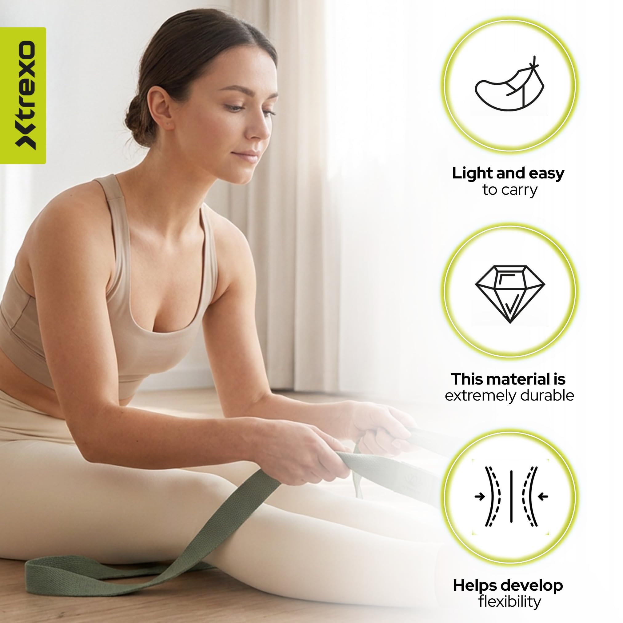 TREXO Sangle de yoga 183 x 3,8 cm - Boucle en forme de D - Réglage facile de la longueur pour différents asanas - Convient à différentes préférences - Accessoire idéal pour tout le monde