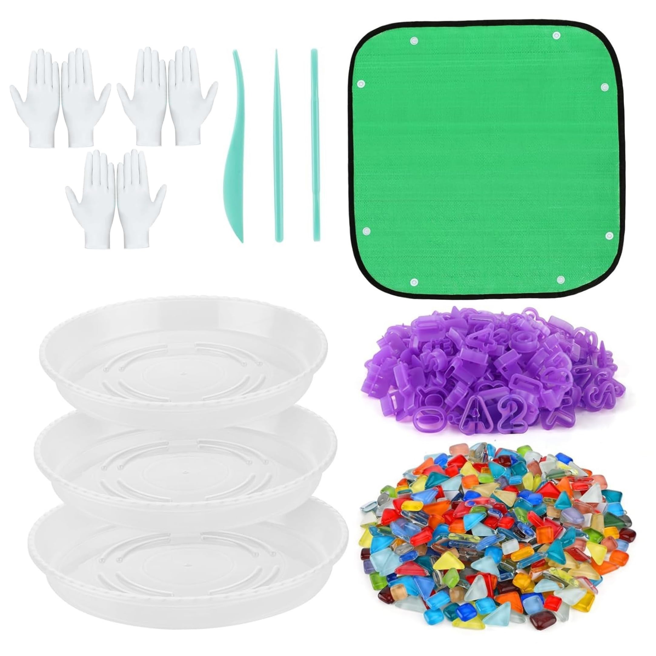 Kit pietra miliare per impronte di mani fai-da-te, kit pietra da giardino per impronte di mani con stampi rotondi, timbri con lettere e numeri, gemme di mosaico sagomate, strumenti, guanti e tappe
