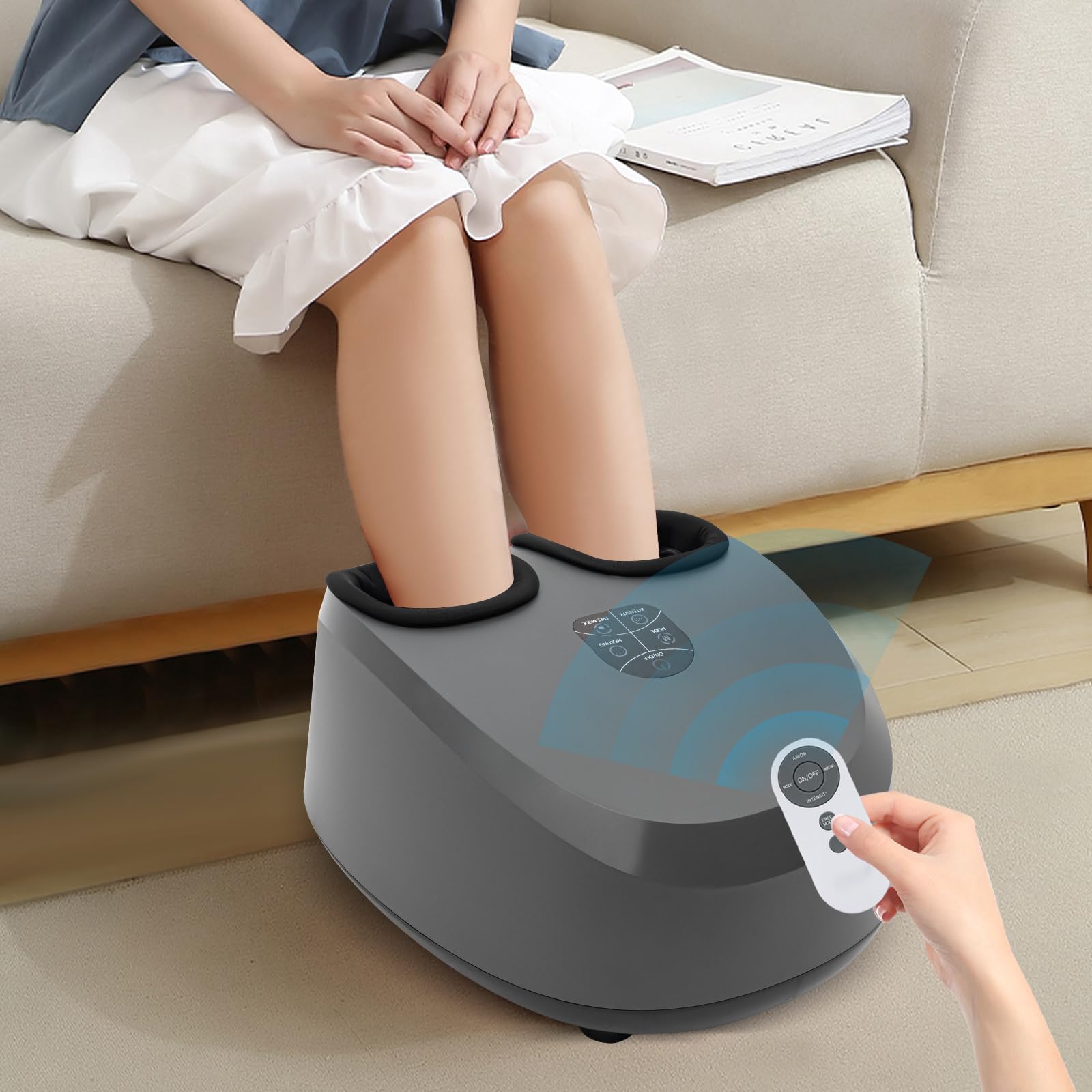 Elektryczny masażer stóp z masażem ugniatającym i ogrzewaniem, elektryczne urządzenie do masażu stóp, odciążenie zmęczonych mięśni i podeszew stóp, regulowana intensywność w domu lub w biurze