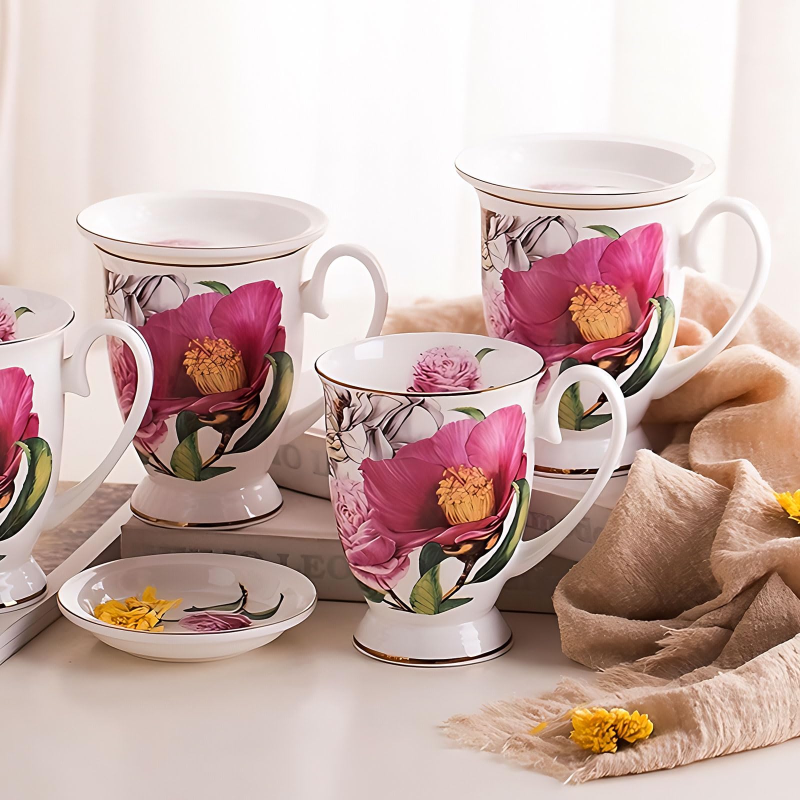 Lot de 4 tasses à café de 312 ml en porcelaine anglaise avec motif floral, grandes tasses à thé, café et chocolat chaud, idéales pour les cadeaux
