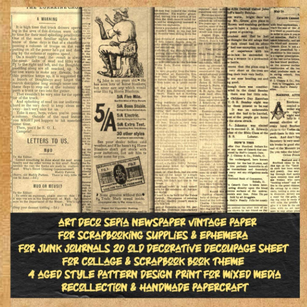 art deco sepia newspaper vintage paper for scrapbooking supplies & ephemera for junk journals 20 old decorative decoupage sheet for collage & ... recollection & handmade papercraft: craft
