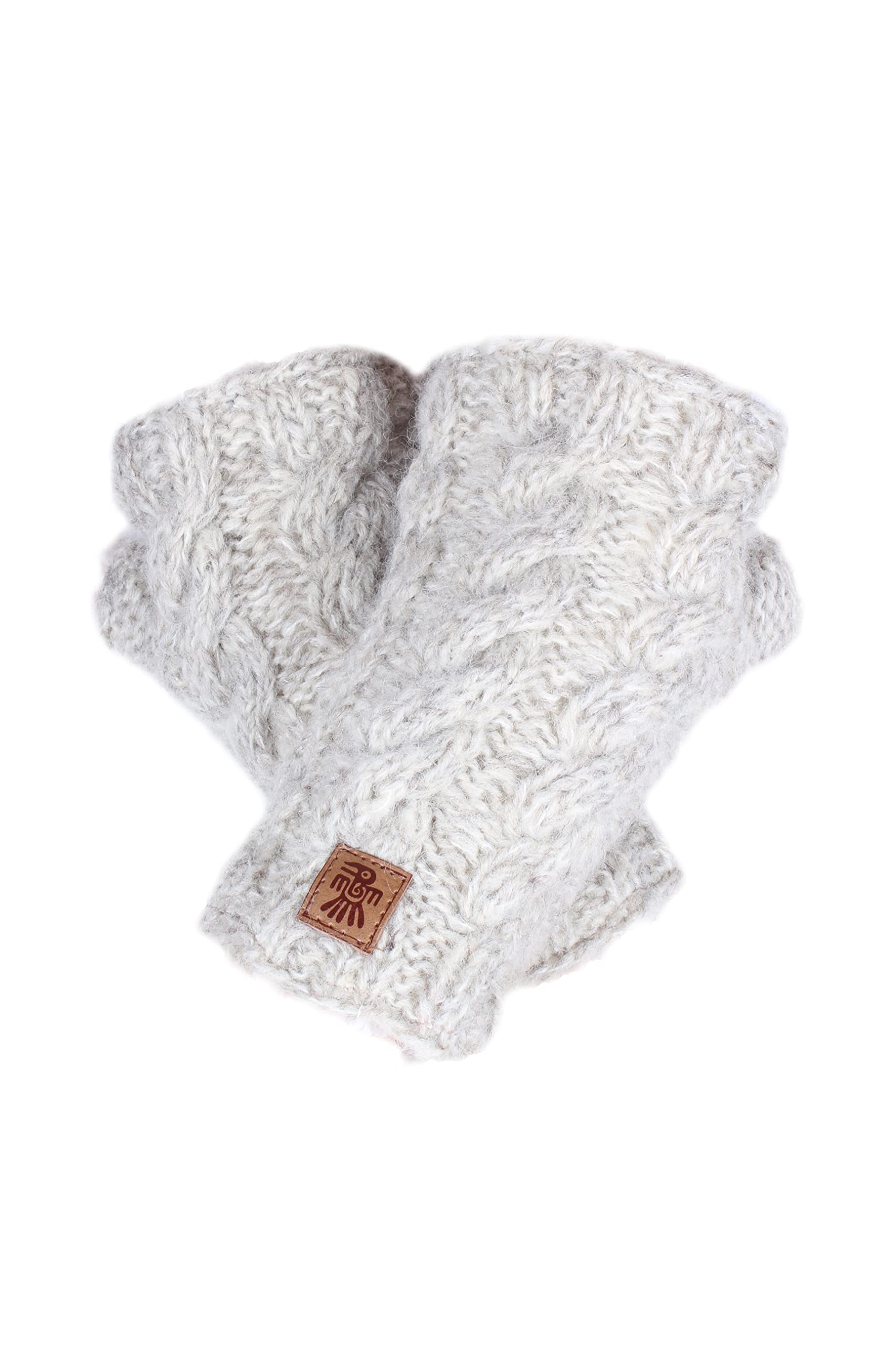 Pachamama Women's Oatmeal Wool/Mohair Hand Warmers Sherpa Fleece Lined Handknitted Cable Knit One-Size Handmade Extra Warm Fair Trade (Oatmeal)