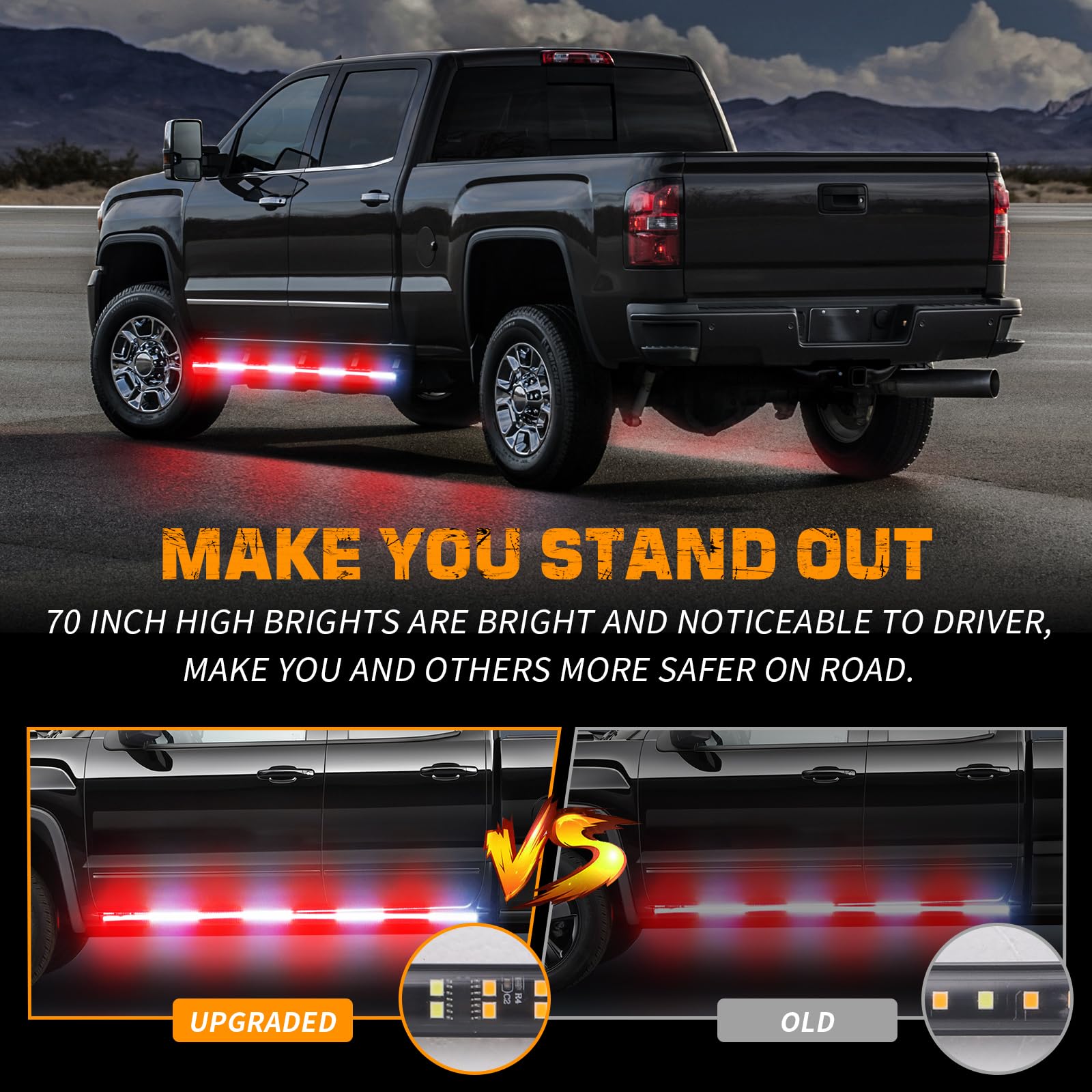 XRIDONSEN - 2 tiras de luces de emergencia para camiones de 70 pulgadas, 864 LED, luces estroboscópicas, luces rojas y blancas, luces intermitentes, seguridad impermeable, flexible para vehículos POV