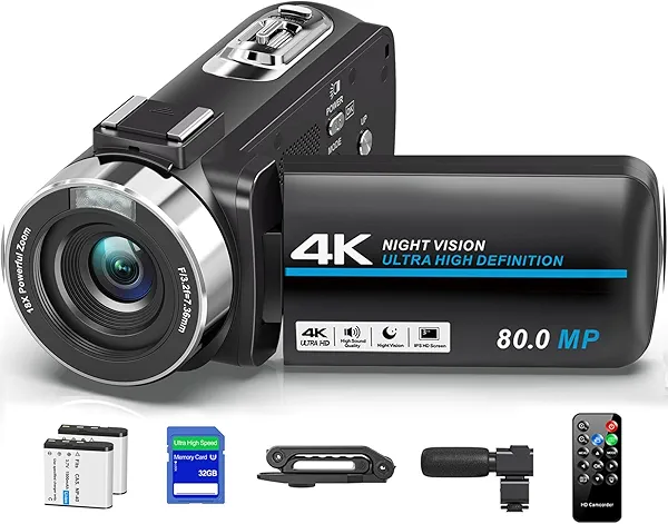 4K Camcorder Video Camera Ultra HD 80MP Vlogging Camera for YouTube 18X Digital Zoom Recorder IR Night Version 3.0" IPS HD Screen With Handheld Stabilizer, Microphone, Remote Control and 32GB SD Card