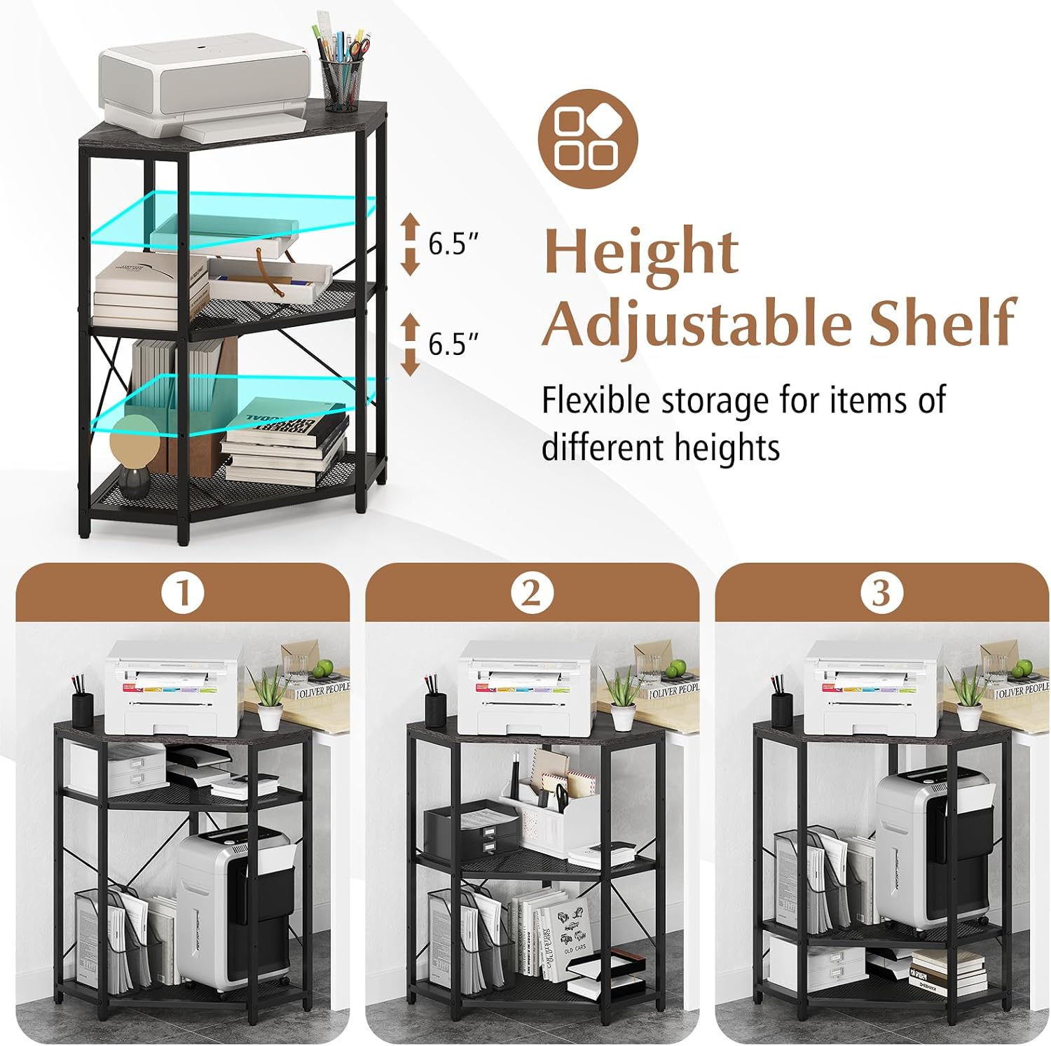 GOFLAME Corner Printer Stand with Charging Station, Freestanding 3-Tier Printer Table with Adjustable Metal Mesh Shelf, Storage Rack Organizer for Home Office Living Room, Grey + Black