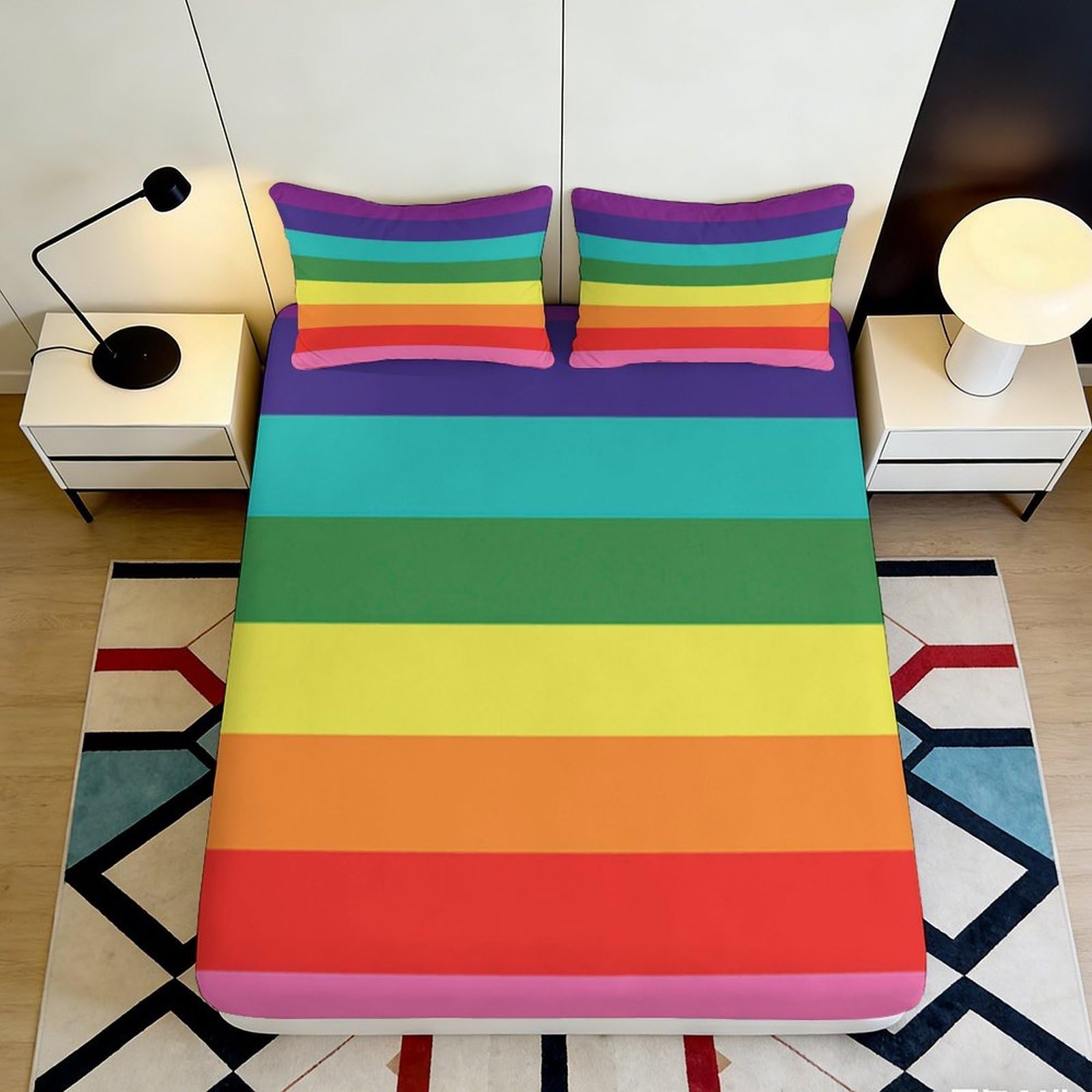 Kzqnxhjprl Style-4 3D Printed Rainbow Stripe Fitted Sheet Microfiber Vibrant Colourful Bed Sheet For Bedroom Dorm Mattress Protection Decor 90X200x25cm