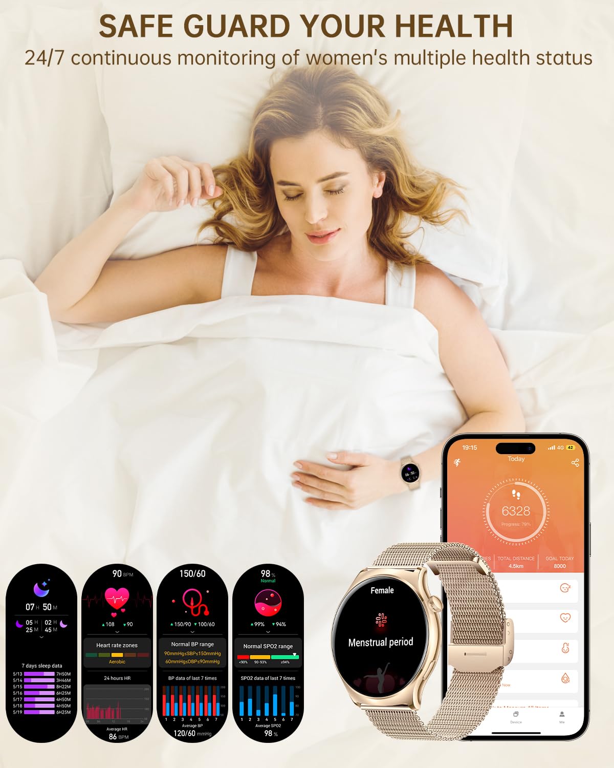 Inteligentny zegarek damski Połączenia/powiadomienia dla iOS Android Czarny