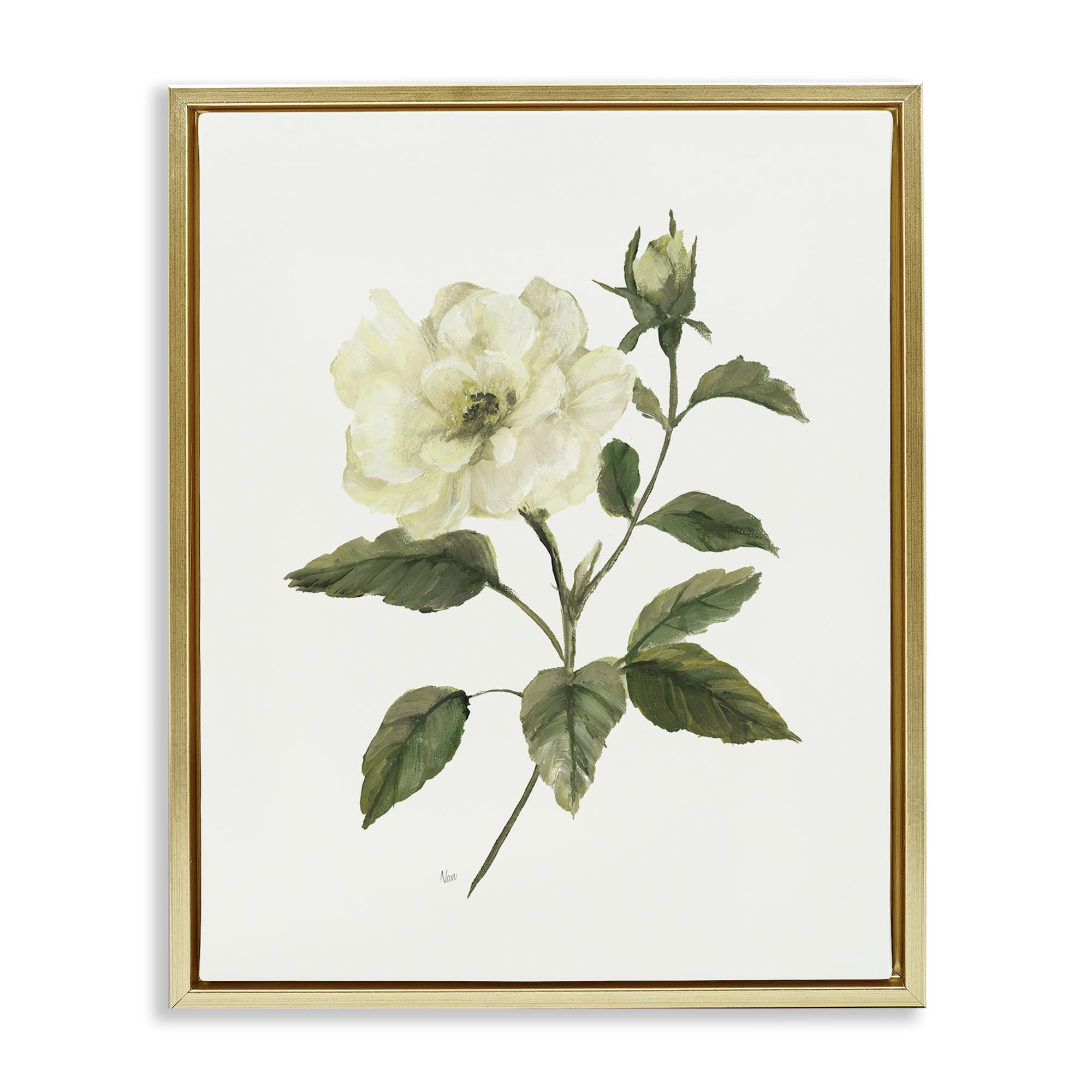 Stupell Industries Ivory Rose Bloom Green Foliage 'Ivory Rose Bloom With Green Foliage', Floating Frame Canvas Art, Gold, 25 X 31 Inches, Easy To Hang And Sturdy, Made In Usa, By Nan
