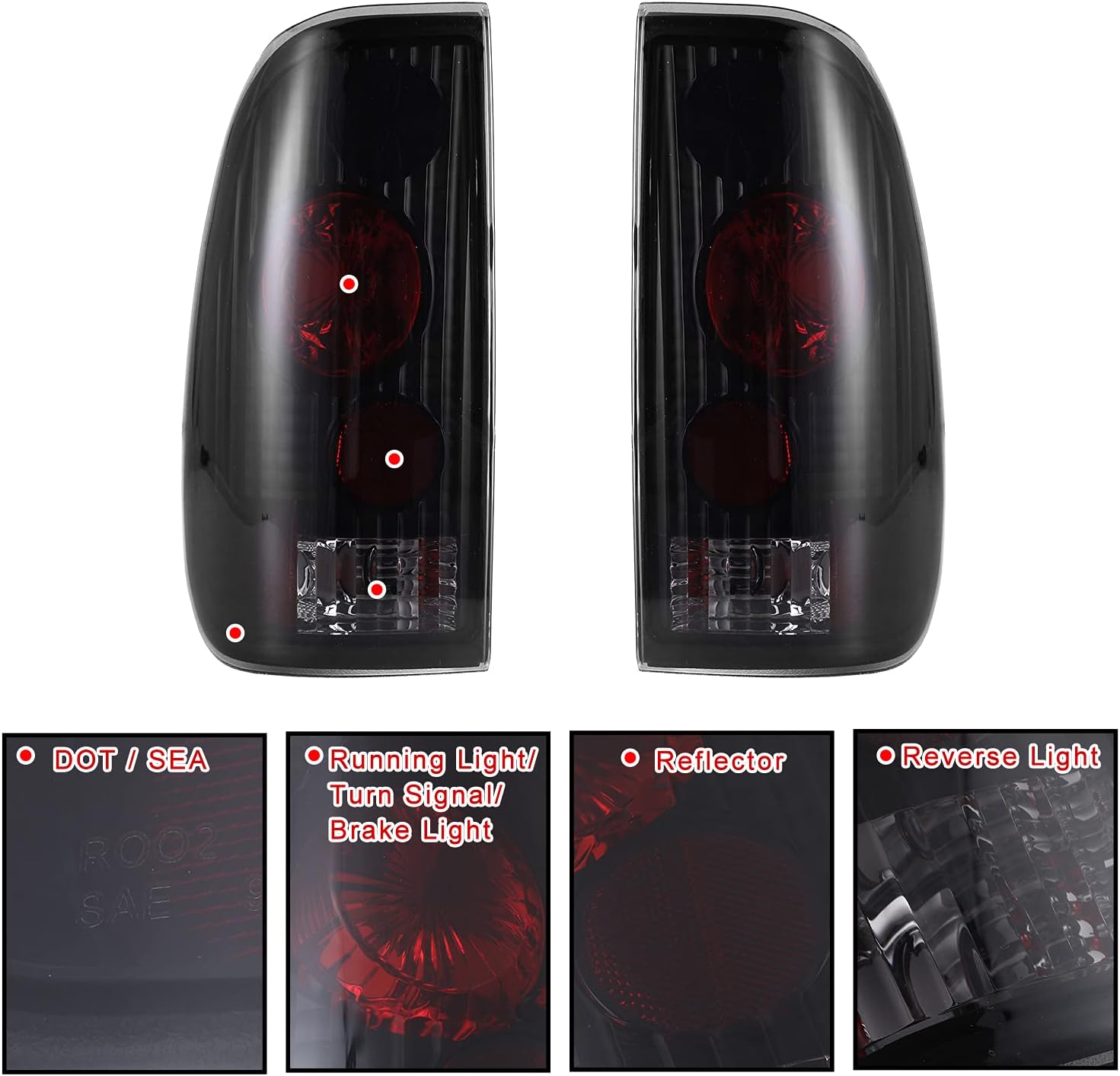 ROXX Tail Light Assembly Compatible with 1997 1998 1999 2000 2001 2002 2003 Ford F-150/F-250/ F-350 Driver and Passenger Side L: F85Z13405CA R: F85Z13404CA L: FO2800117 R: FO2801117 SMOKED LENS