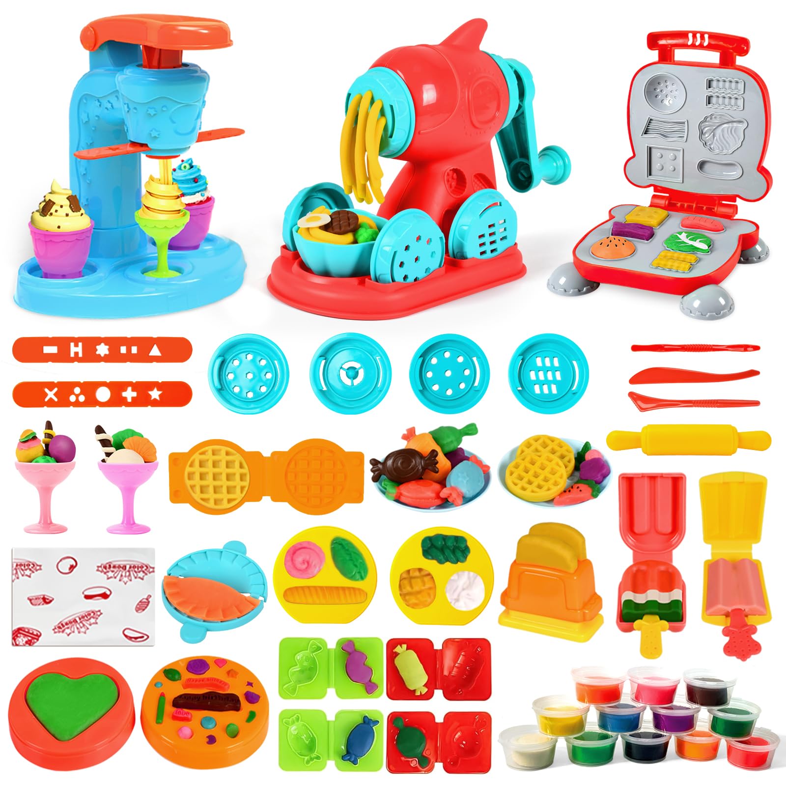 Aprilwolf 59 PCS 3 in 1 Dough Sets for Kids Ages 3-4-8, Art Crafts Dough Tools Kit, Ice Cream Playset Noodle Hamburger Maker Machine, Kitchen