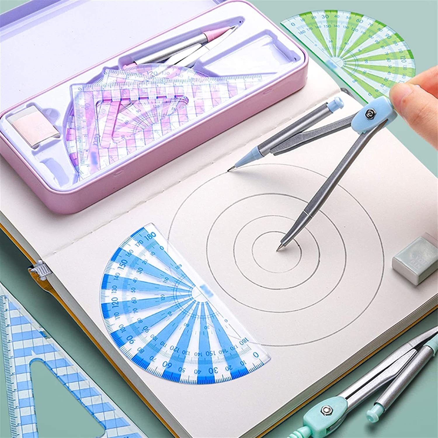 Zirkel-Set Grün/Blau/Pink Multifunktions-Zirkel-Lineal-Sets Professionelle Zeichenwerkzeuge 7-teilig Schul-/Bürobedarf Mathematik-Geometrie-Kit-Set Geometrie-Set(Pink)