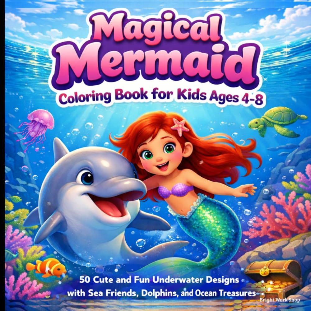 Magical Mermaid Coloring Book for Kids Ages 4-8: 50 Cute and Fun Underwater Designs with Sea Friends, Dolphins, and Ocean Treasures