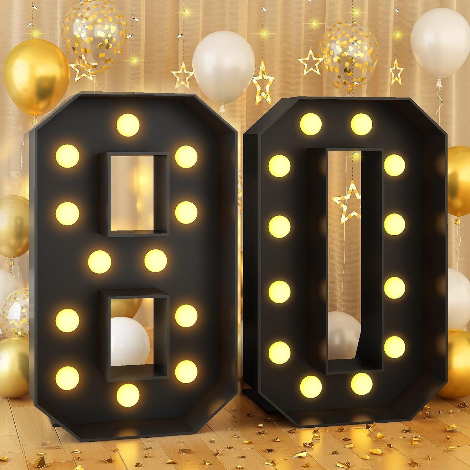70cm-2.3ft Number 80 Decor Light Up Number for Birthday, Black Marquee Light Up Mosaic Pre-cut Foam Board Set for Balloons, Warm White Numbers Lamp Sign for Party